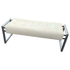 Retro Mid-Century Modern Industrial Chrome Bench With Original White Vinyl Upholstery