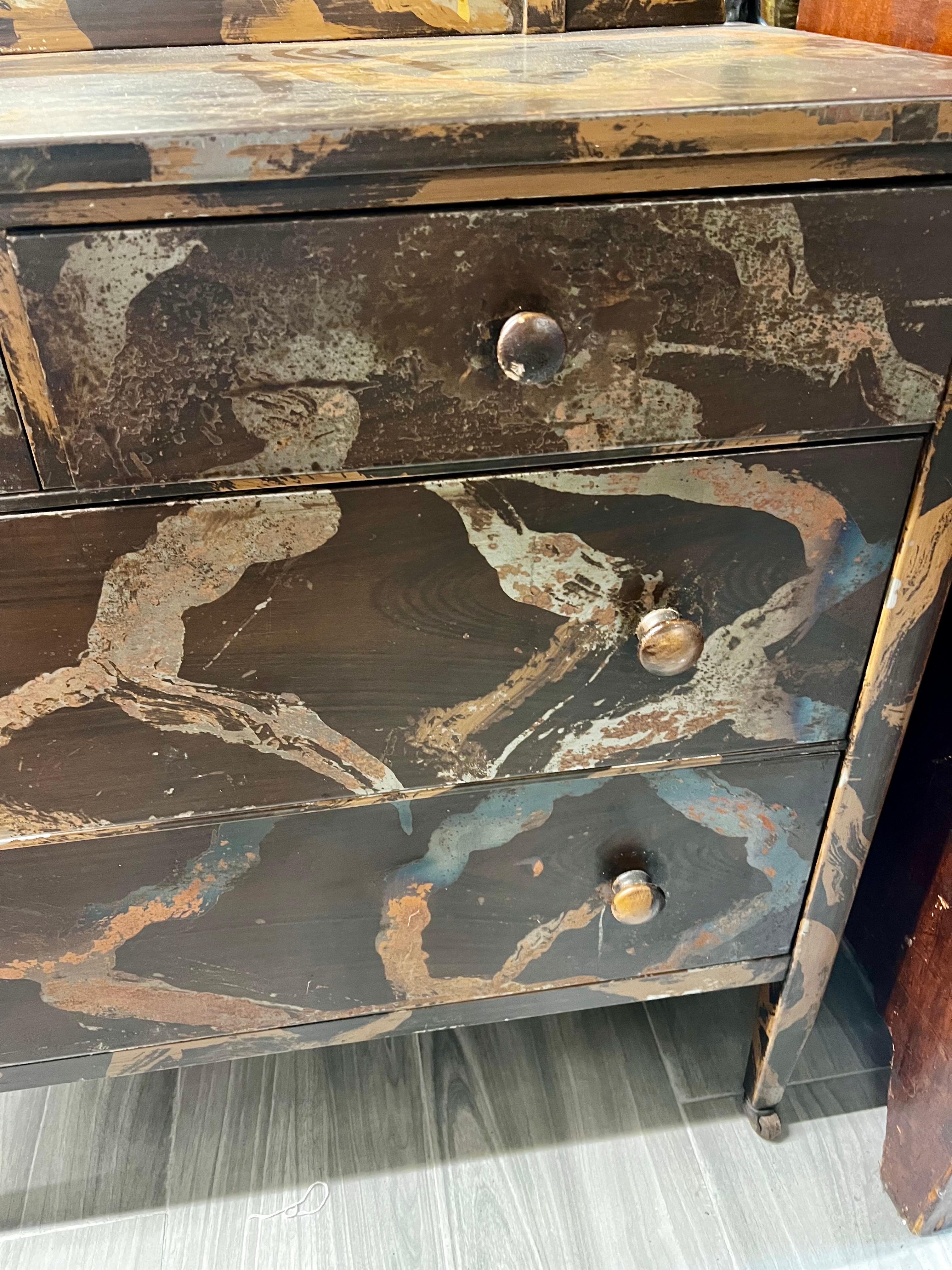 Mid Century Modern Industrial Hand Painted Metal Dresser with Mirror For Sale 4
