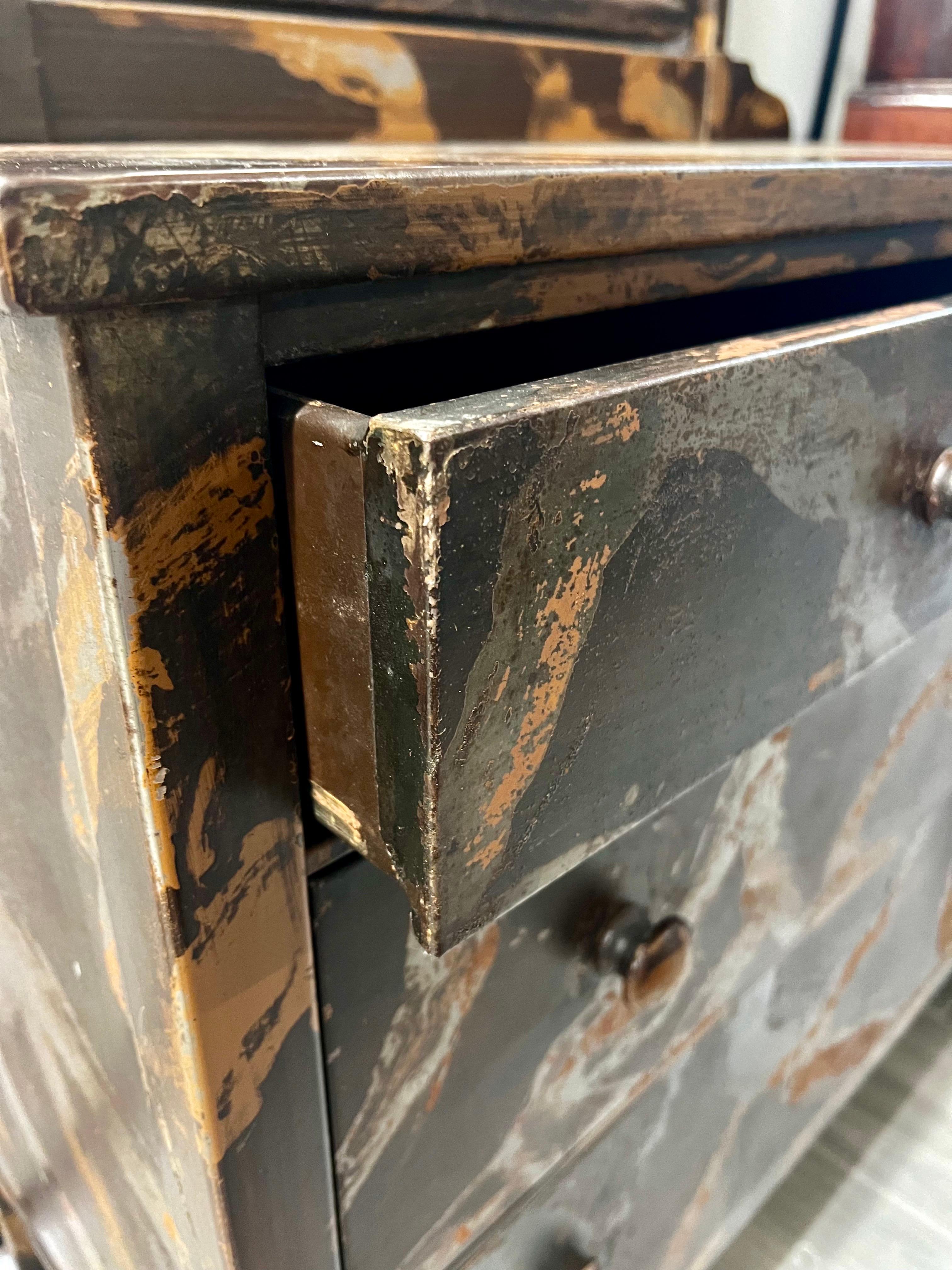 Mid Century Modern Industrial Hand Painted Metal Dresser with Mirror For Sale 5