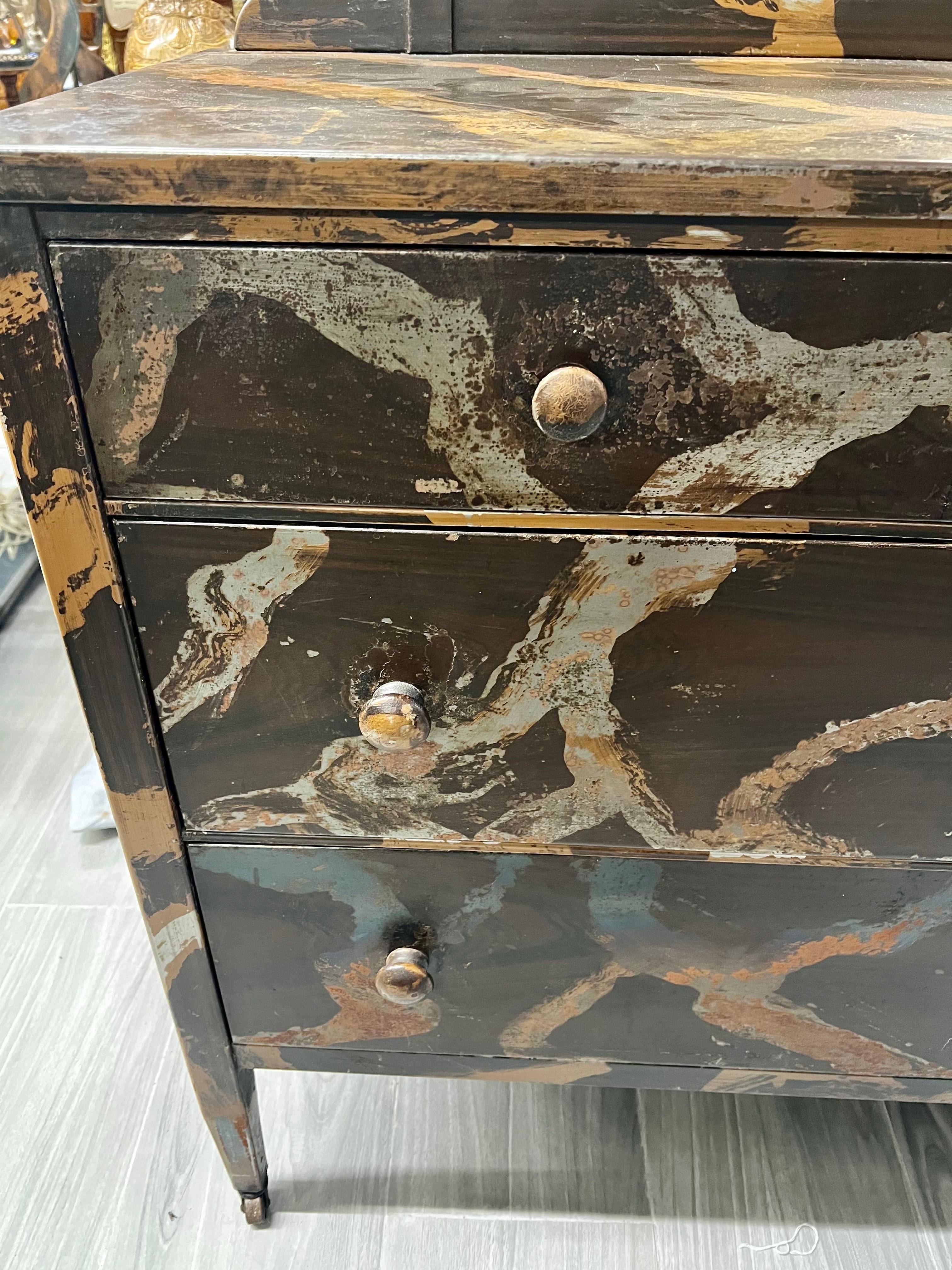 Mid Century Modern Industrial Hand Painted Metal Dresser with Mirror For Sale 6