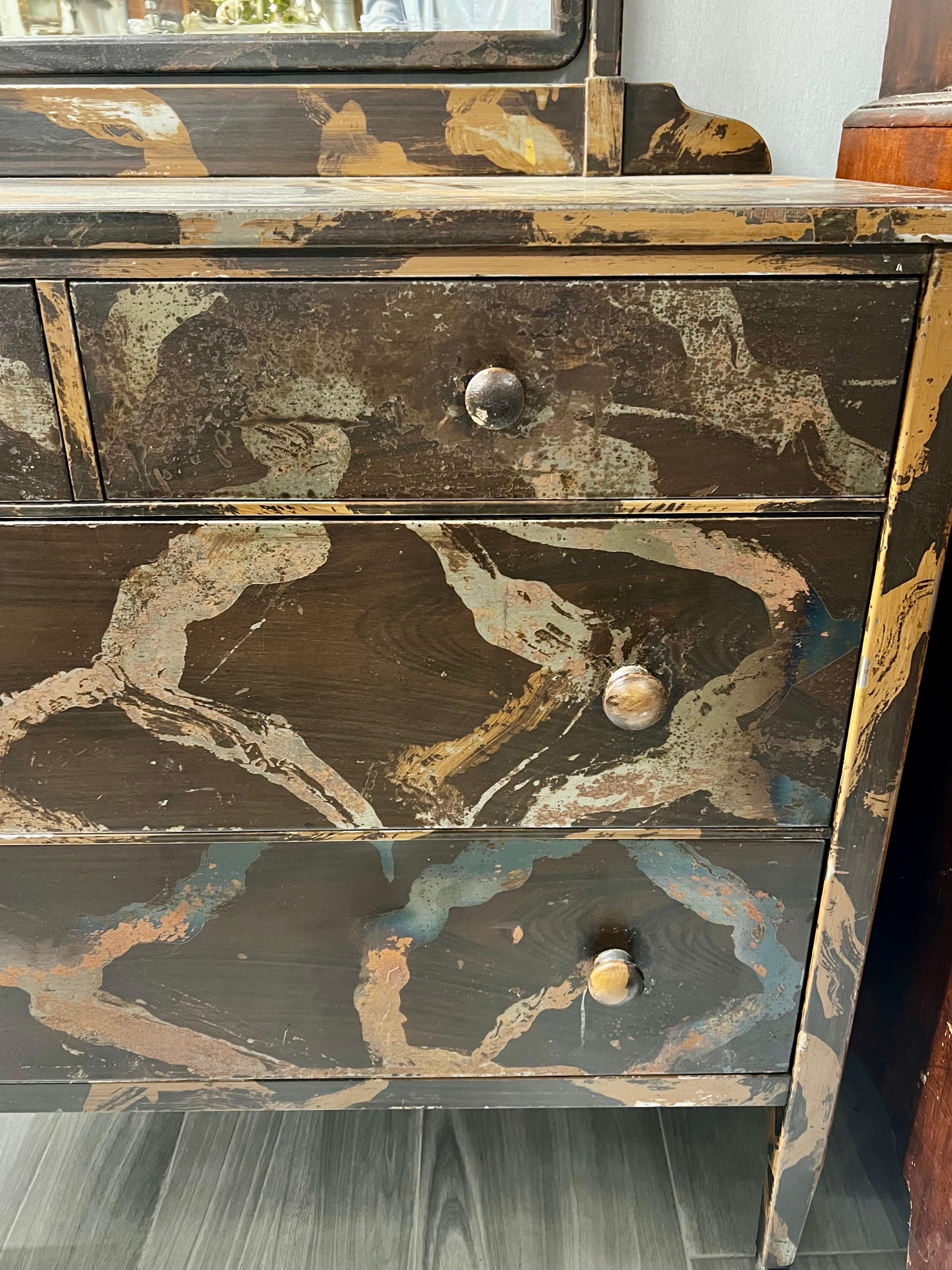 Late 20th Century Mid Century Modern Industrial Hand Painted Metal Dresser with Mirror For Sale