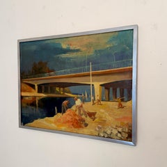 Mid Century Modern Industrial Oil Painting Bridge Workers, France 1950s