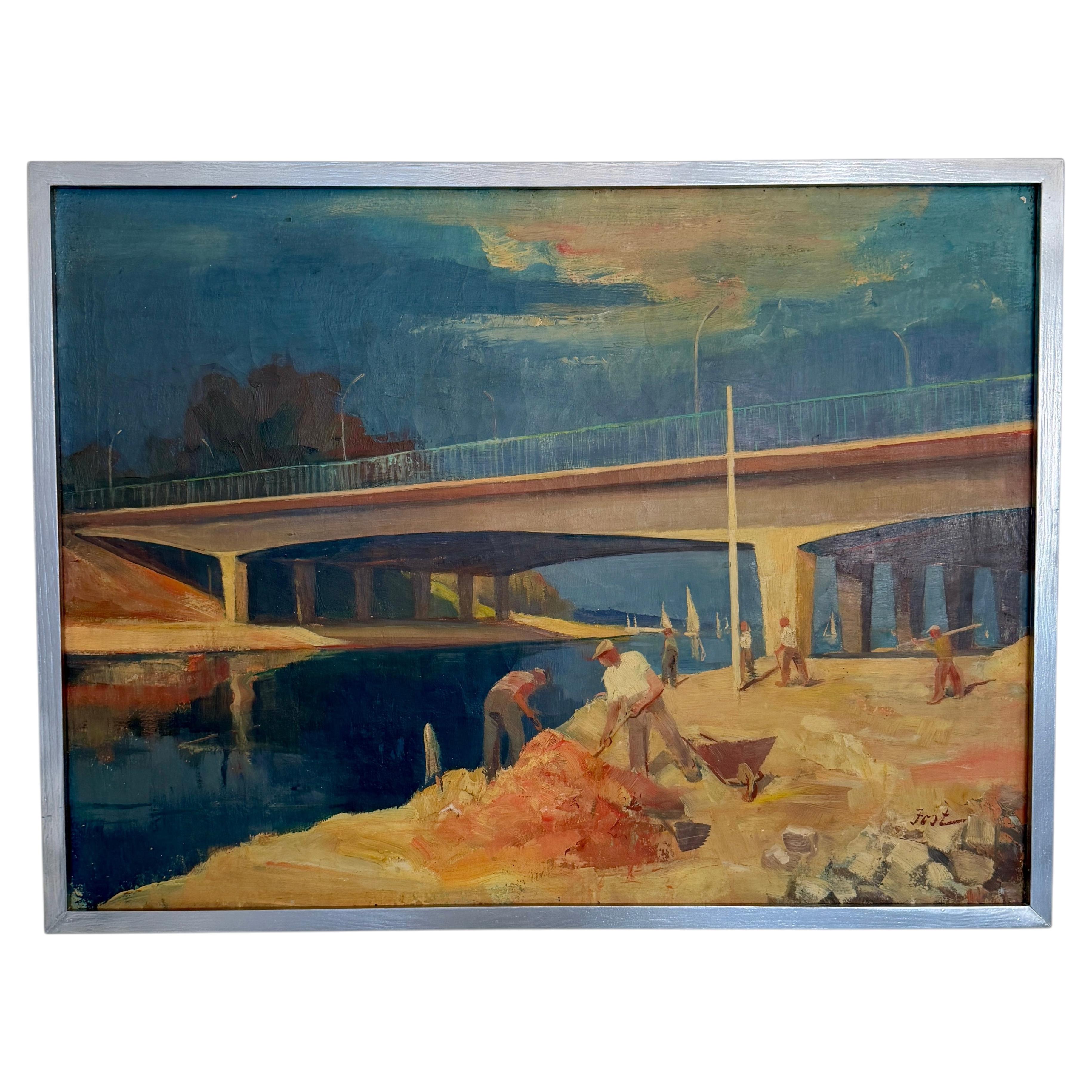 Mid Century Modern Industrial Oil Painting Bridge Workers, France 1950s