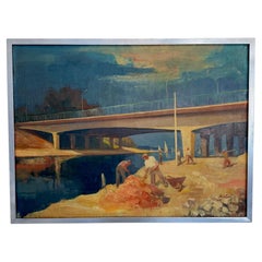 Mid Century Modern Industrial Oil Painting Bridge Workers, France 1950s