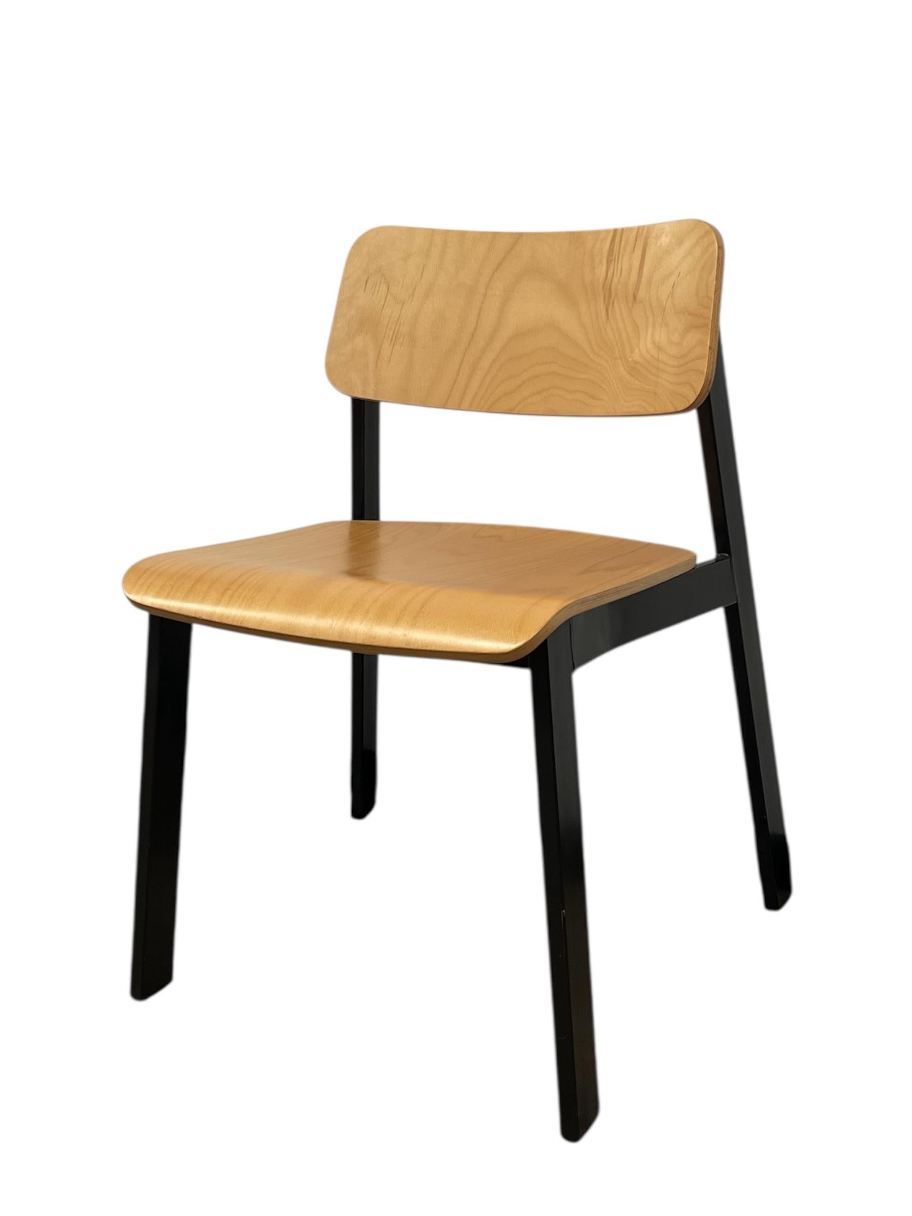 Late 20th Century Mid-Century Modern Industrial Plywood and Black Metal Stacking Chair For Sale