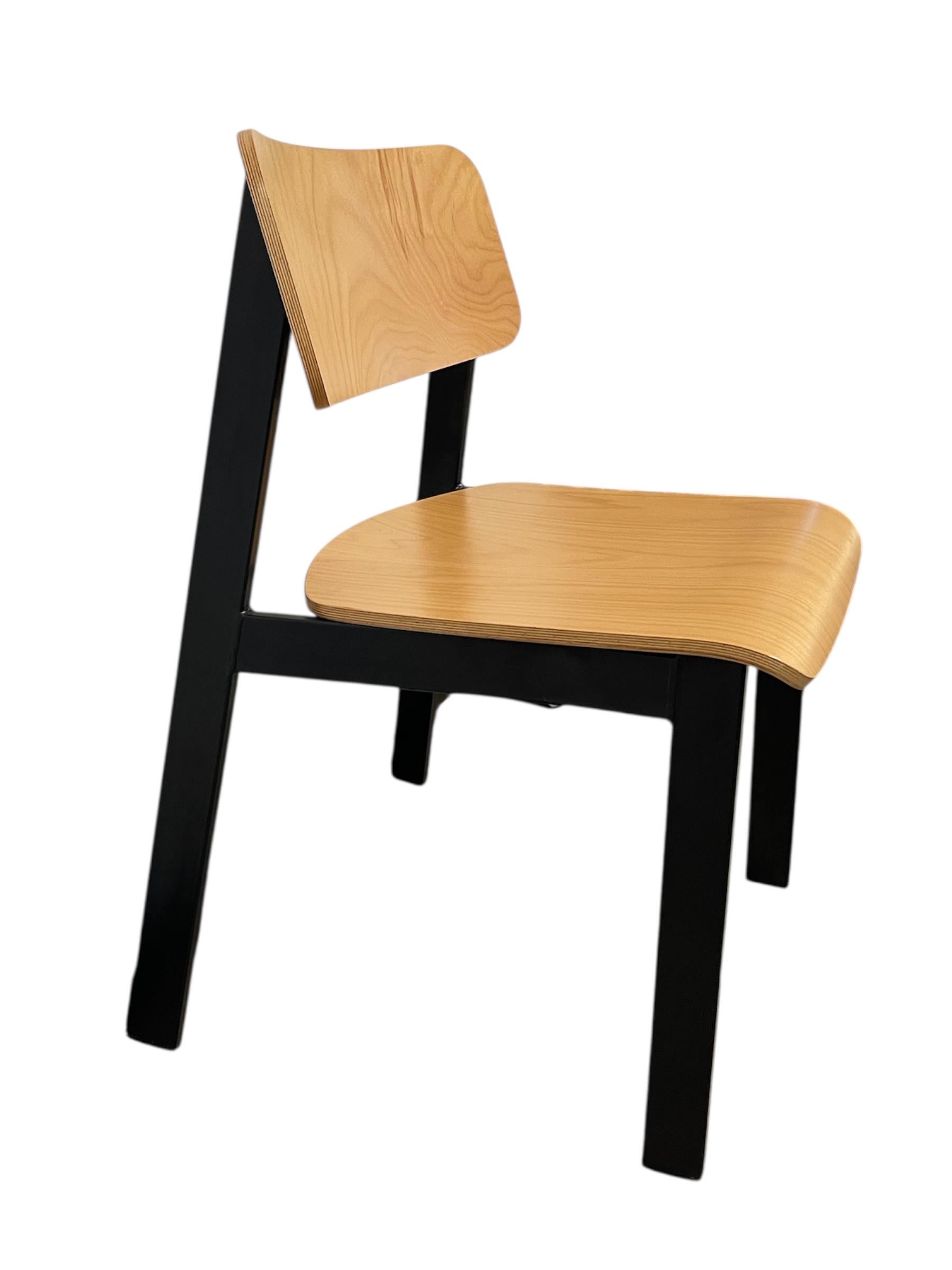 Mid-Century Modern Industrial Plywood and Black Metal Stacking Chair For Sale 4