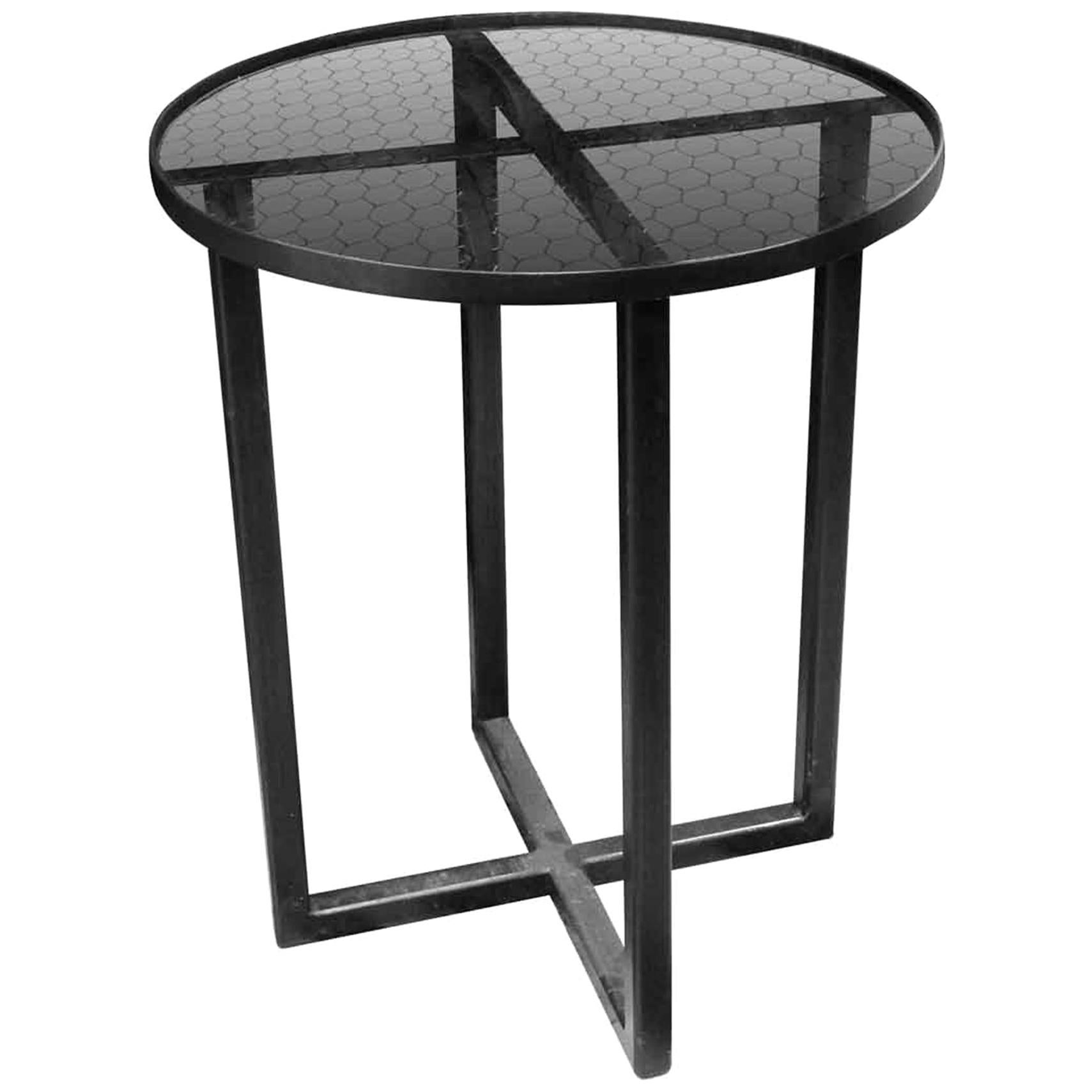 Mid-Century Modern Industrial Style Steel & Chicken Wire Glass Side Table