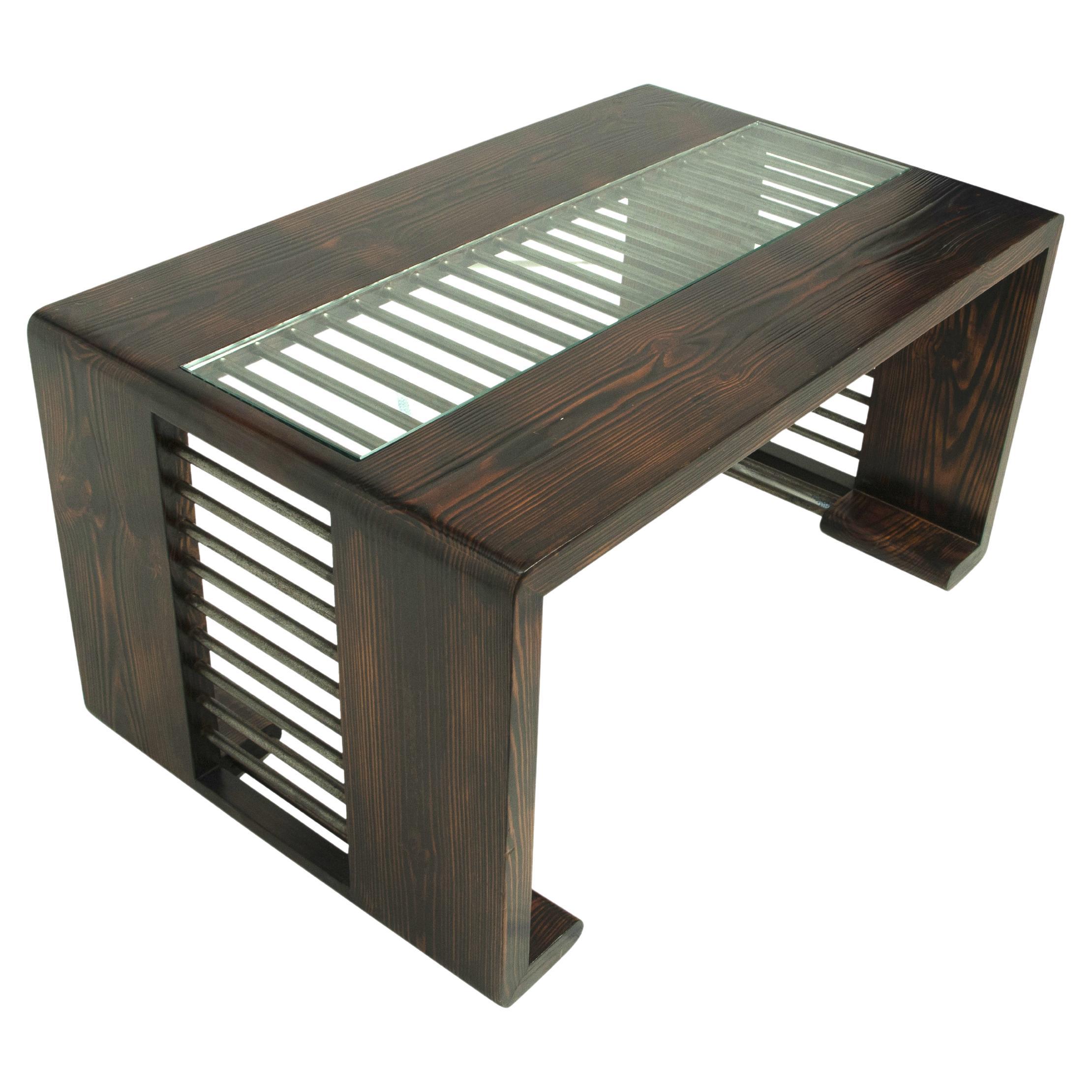 Mid-Century Modern Industrial Wood and Brass Coffee and Cocktail Table