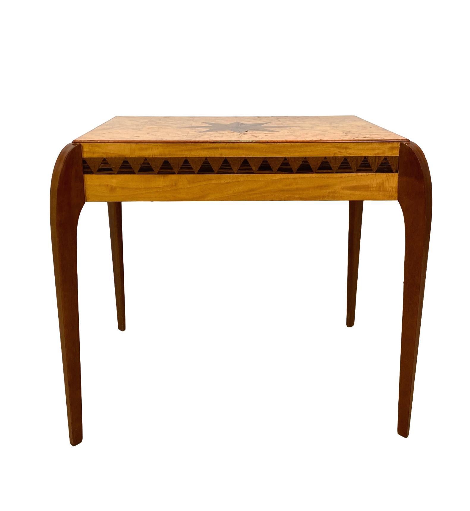 English Mid-Century Modern Inlaid Center Table in Exotic Woods with Compass Star, 1996