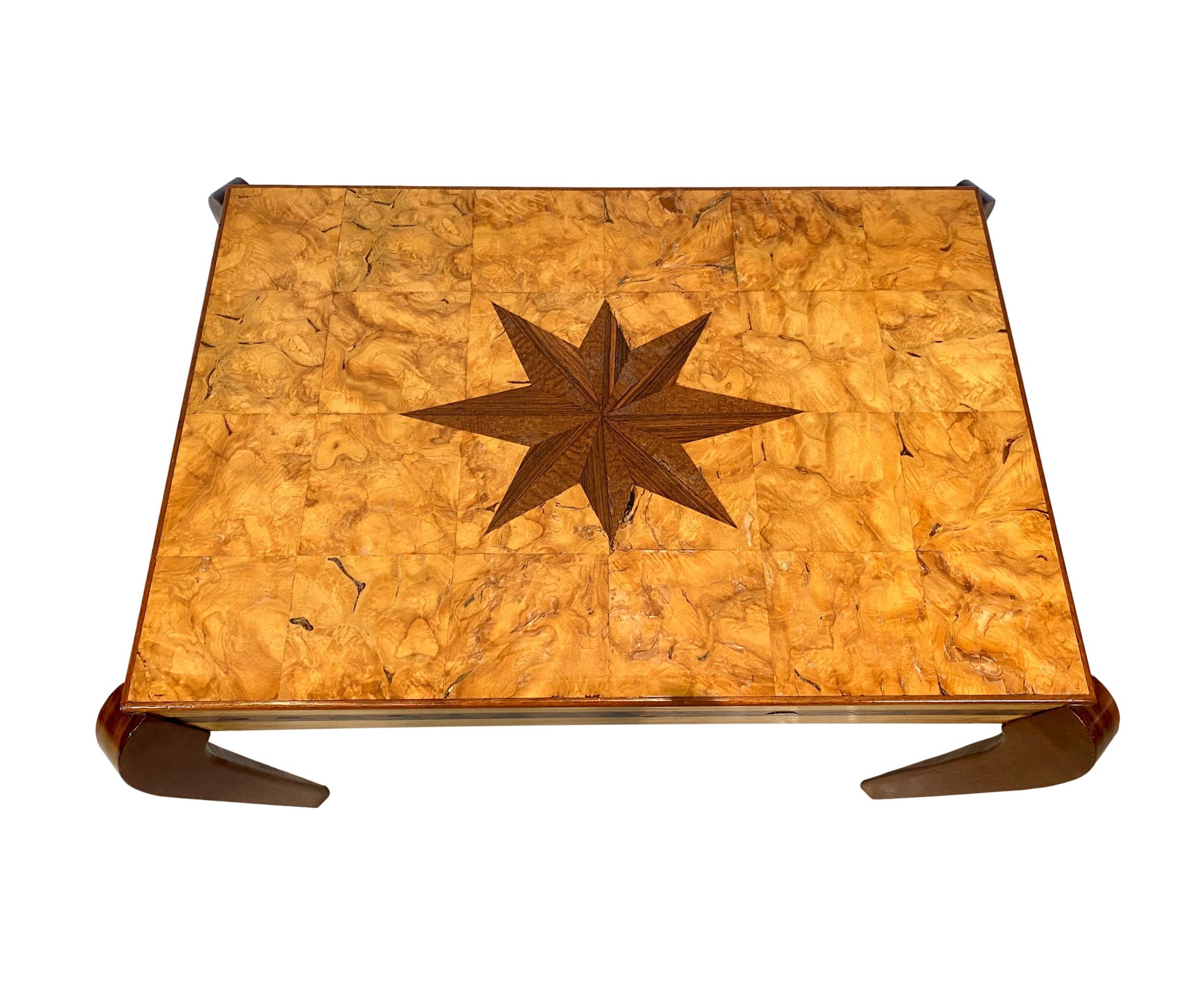 Late 20th Century Mid-Century Modern Inlaid Center Table in Exotic Woods with Compass Star, 1996