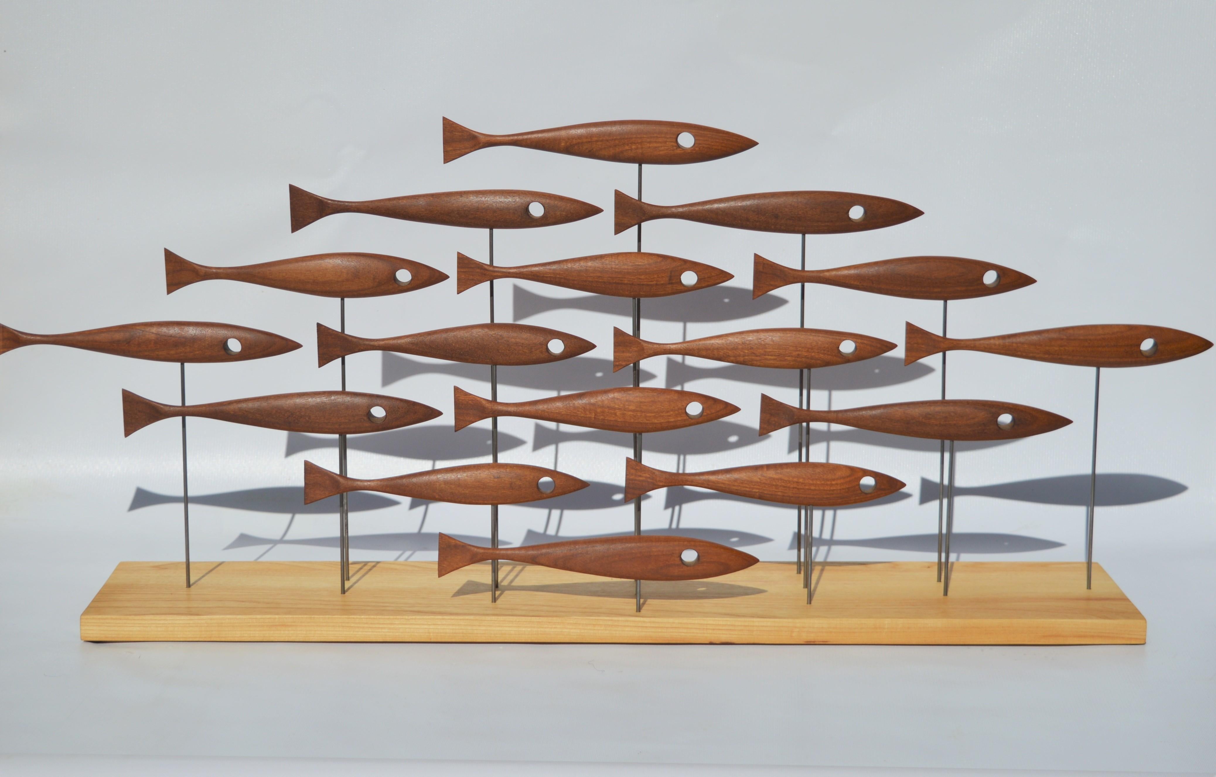 Canadian Mid-Century Modern Inspired 16 Fish Sculpture in Vintage Teak by Tyler Fritz