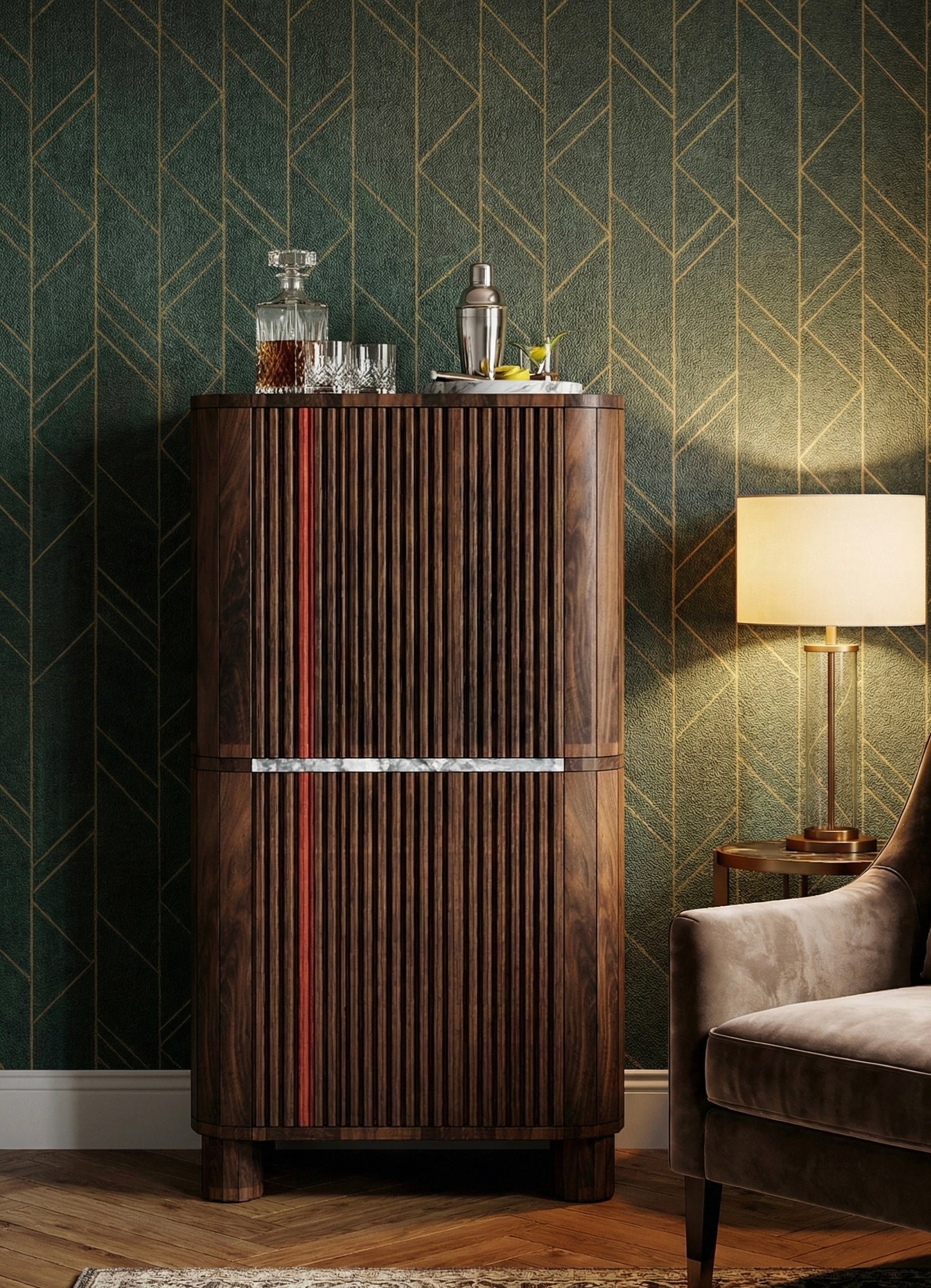 Mobile bar ispirato alla modernità di metà secolo con la firma Redline