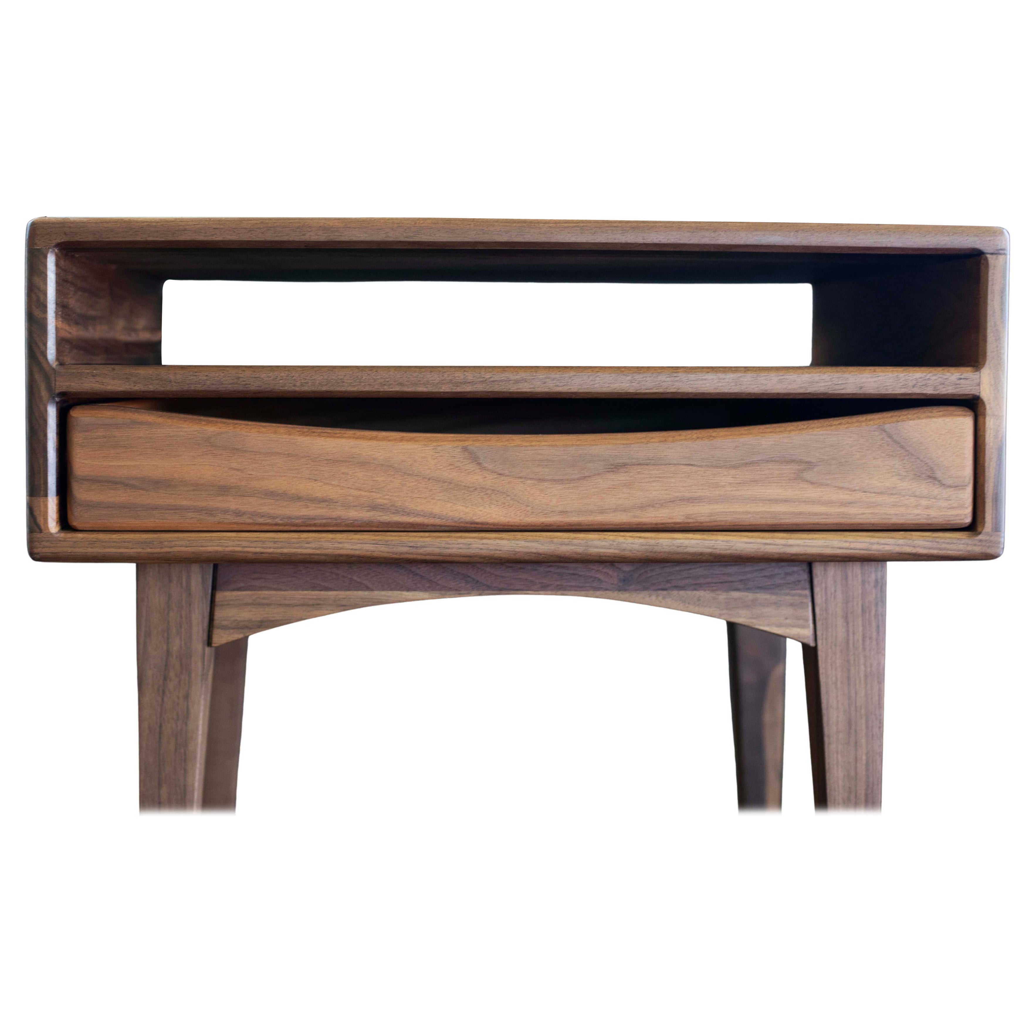 Mid-Century Modern Inspired Bedside Table in Solid Walnut with Open Shelf For Sale