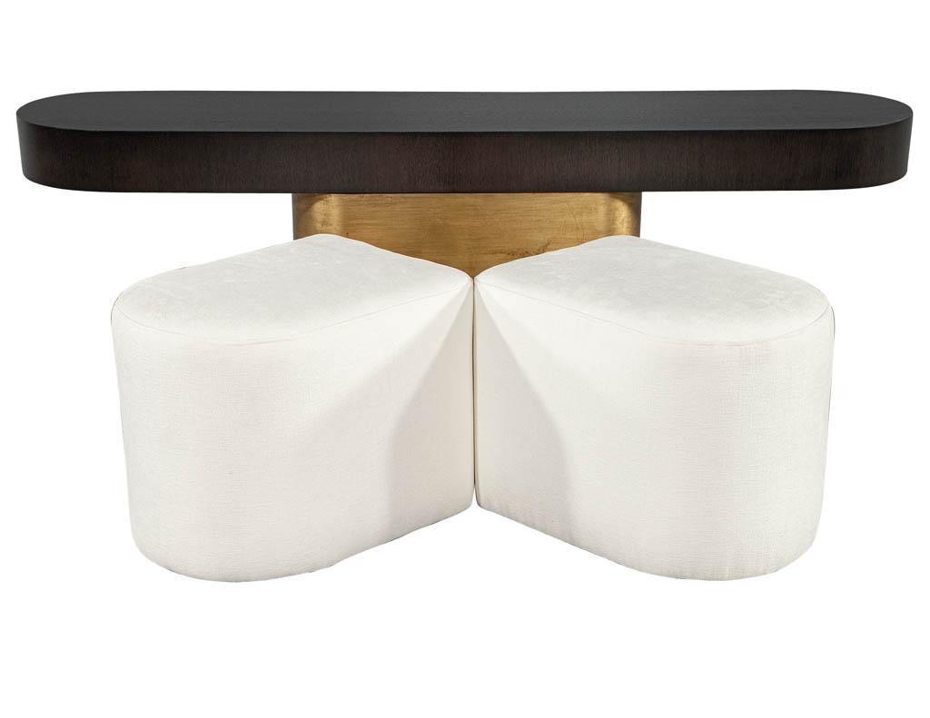 Mid-Century Modern Inspired Console Table with Pullout Ottomans Set 4