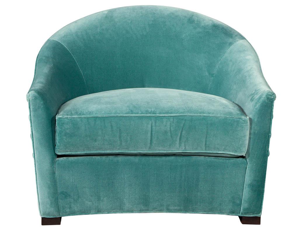 Mid-Century Modern inspired curved lounge chair by Randall Tysinger. Beautiful curved design with luxurious turquoise velvet fabric. Supported by curved pedestal feet.

Price includes complimentary scheduled curb side delivery service to the