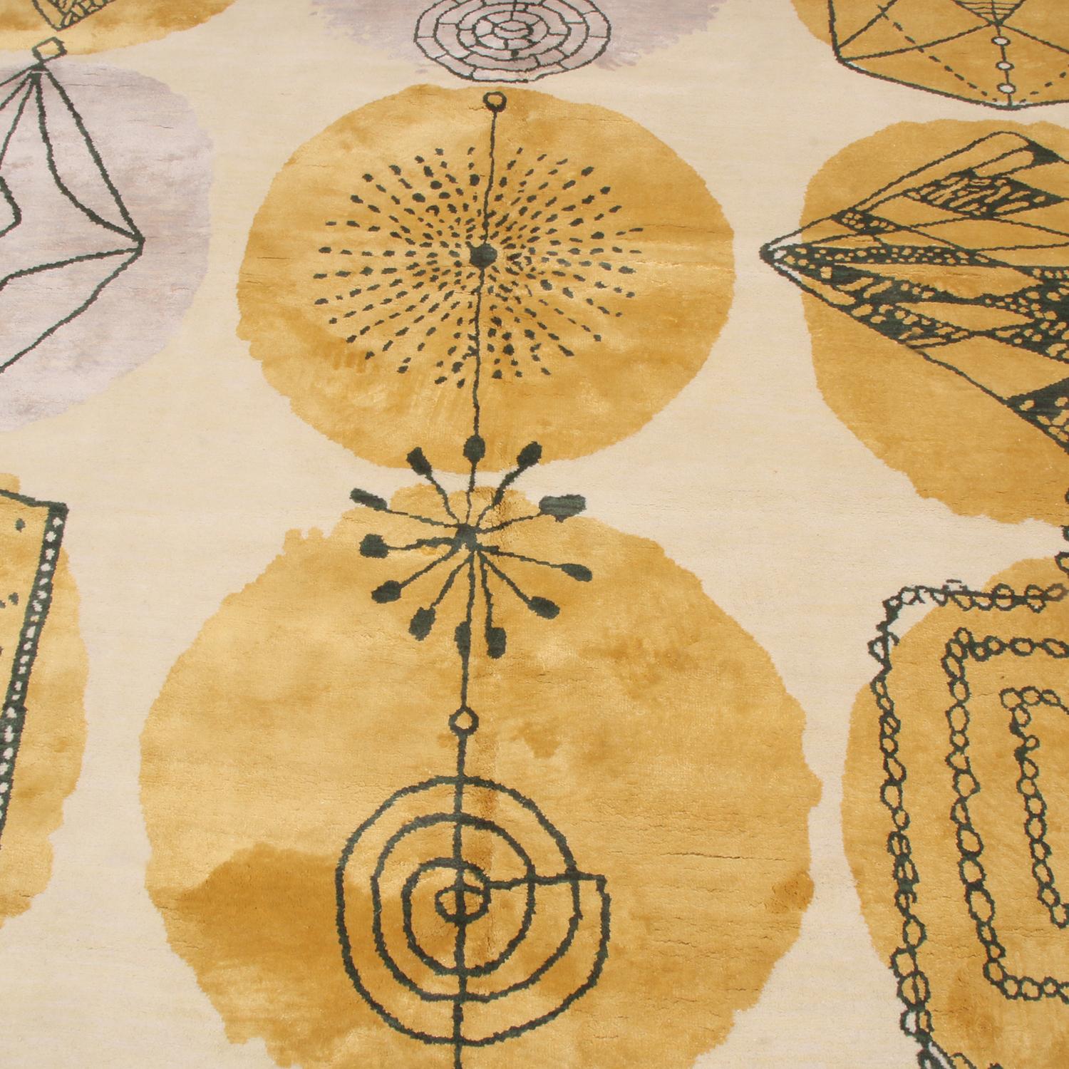 Hand-Knotted Mid-Century Modern Inspired Gold and Cream Wool and Silk Rug