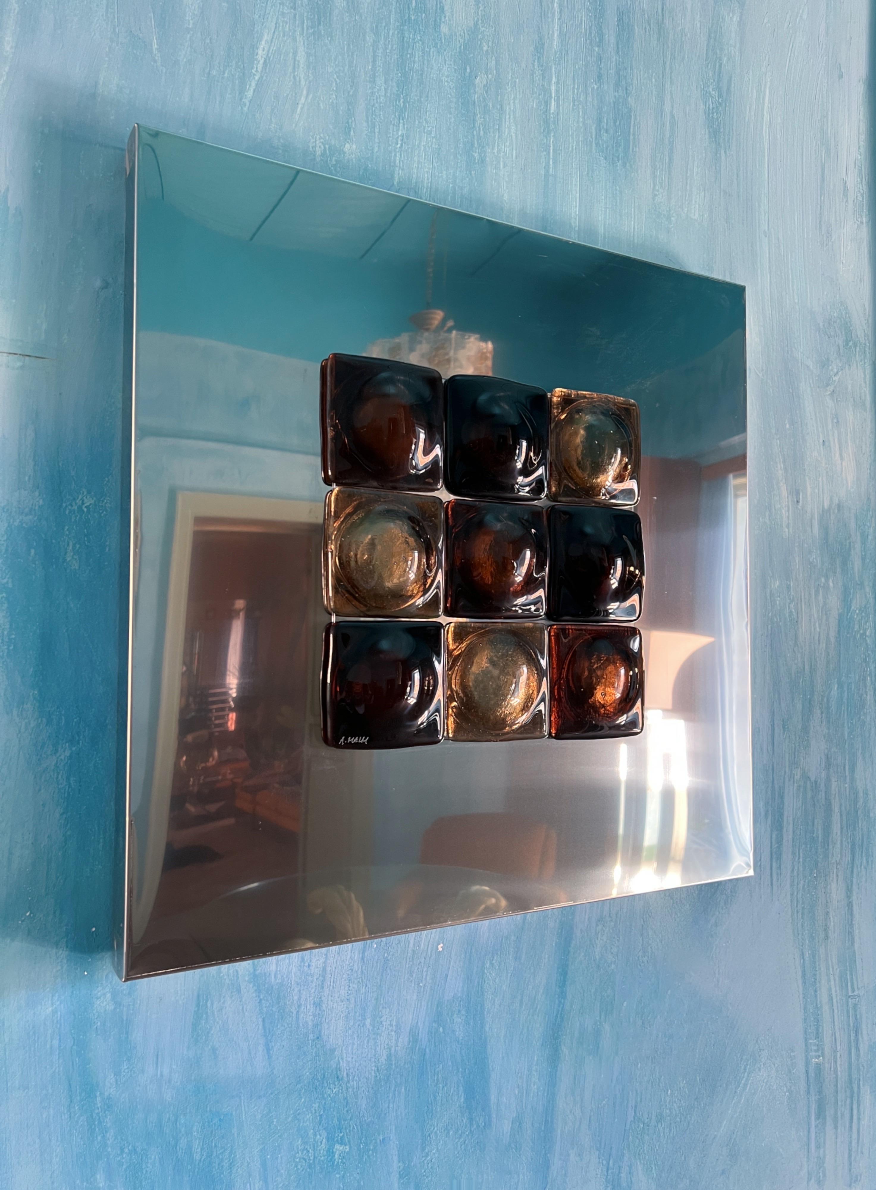 Contemporary Mid-Century Modern Inspired Mirror Sculpture Glass and Steel by Amanda Malm For Sale