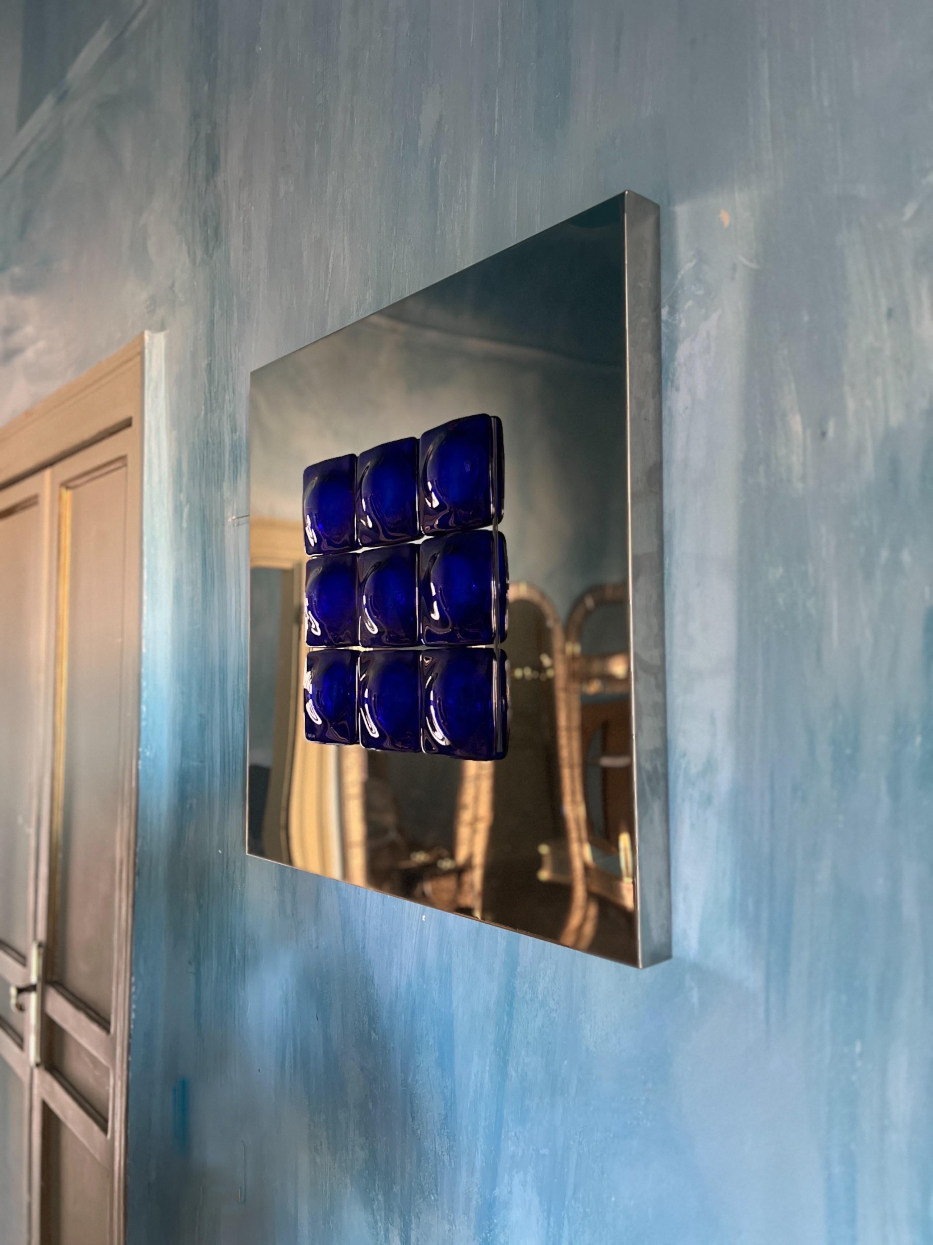 Contemporary Mid-Century Modern Inspired Mirror Sculpture Glass and Steel by Amanda Malm' For Sale