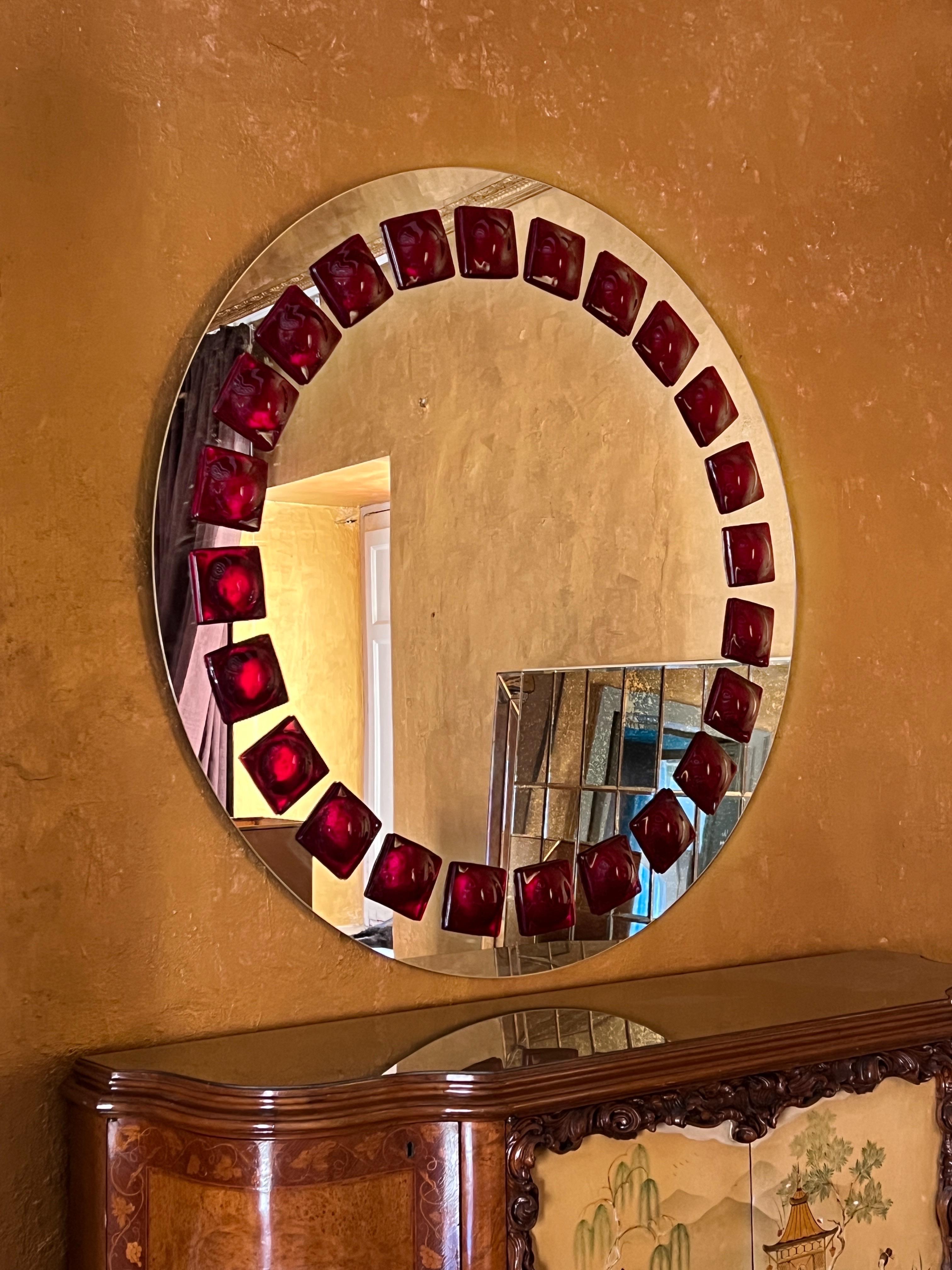 Art Glass Mid-Century Modern Inspired Wall Mirror in red by Swedish artist Amanda Malm' For Sale