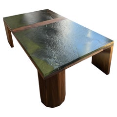 Mid-Century Modern Inspired Walnut and Leathered Avocatus Quartzite Coffee Table