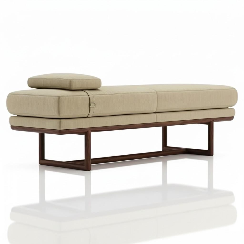 Dieses exquisite Daybed verkörpert die zeitlose Eleganz des Mid-Century Modern Designs, neu interpretiert mit einer klaren, modernen skandinavischen Ästhetik. Ob als luxuriöse Lounge-Chaise oder als auffällige architektonische Bank - das Stück ist