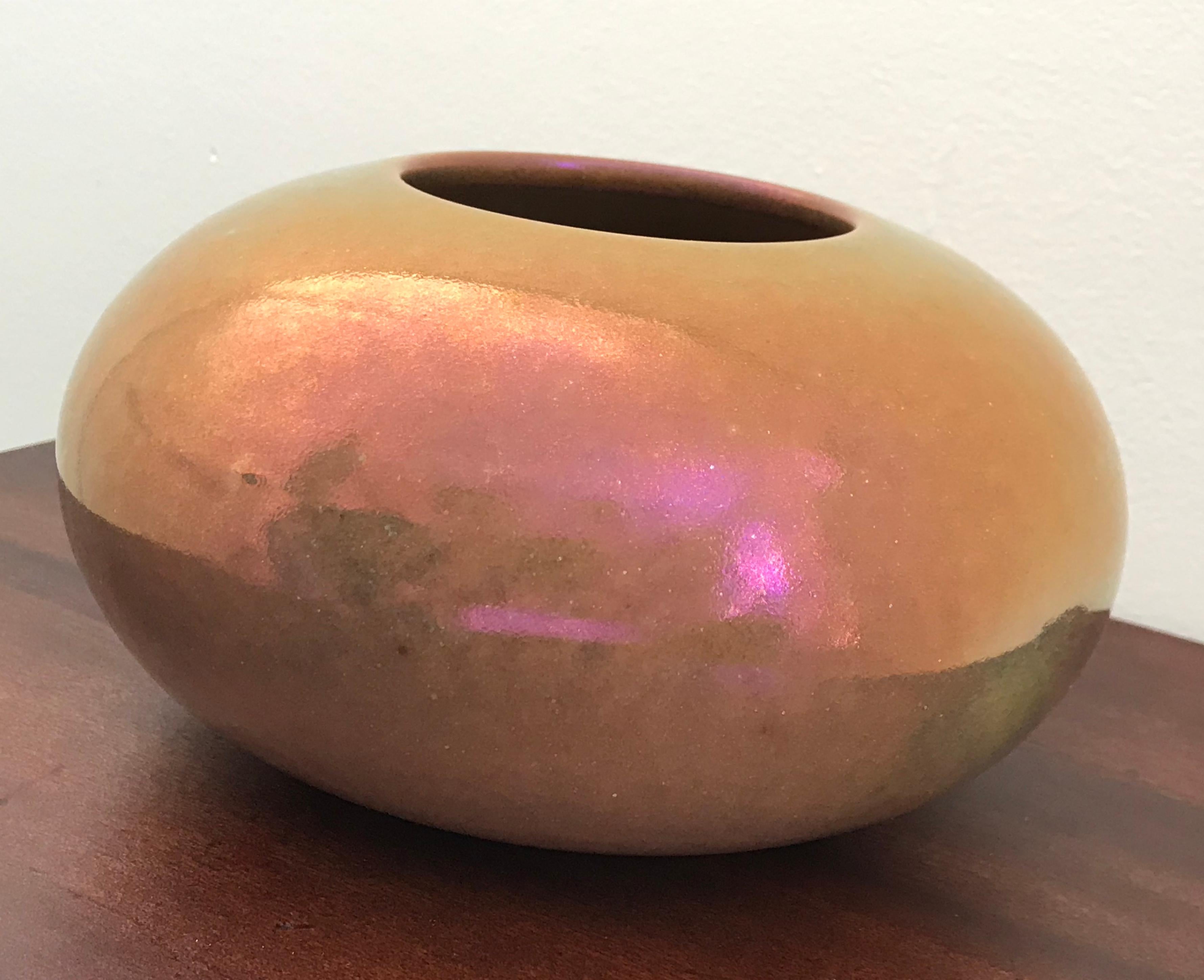 Iridescent glazed ceramic vase in copper color by Mobach, Netherlands. The Mobach family has been producing kiln fired ceramics for over five generations.