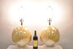 Mid Century Modern Iridescent Gold Ceramic Pottery Clam Shell Table Lamp - Pair