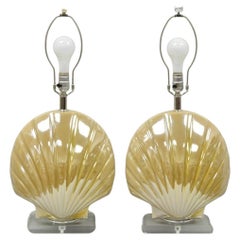 Mid Century Modern Iridescent Gold Ceramic Pottery Clam Shell Table Lamp - Pair