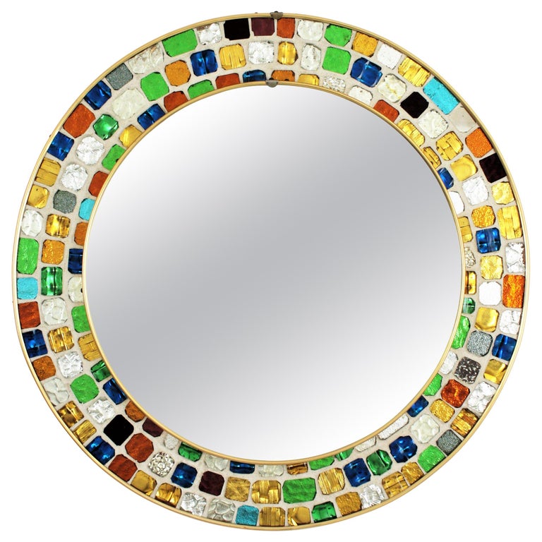 Spanish Midcentury Mosaic Round Mirror with Multicolor Art Glass Tile
