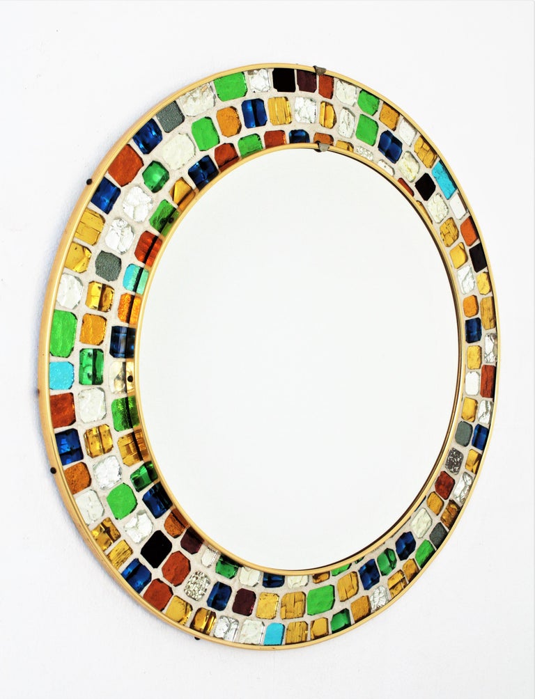Spanish Midcentury Mosaic Round Mirror with Multicolor Art Glass Tile