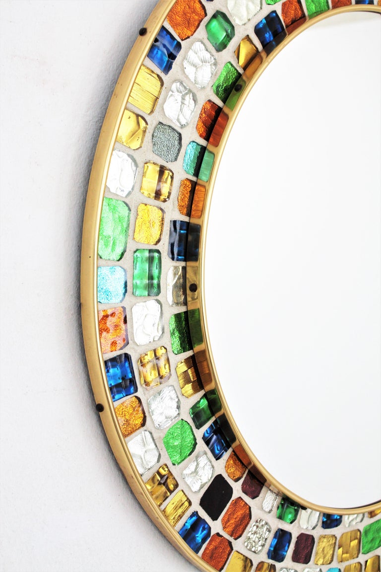 Spanish Midcentury Mosaic Round Mirror with Multicolor Art Glass Tile