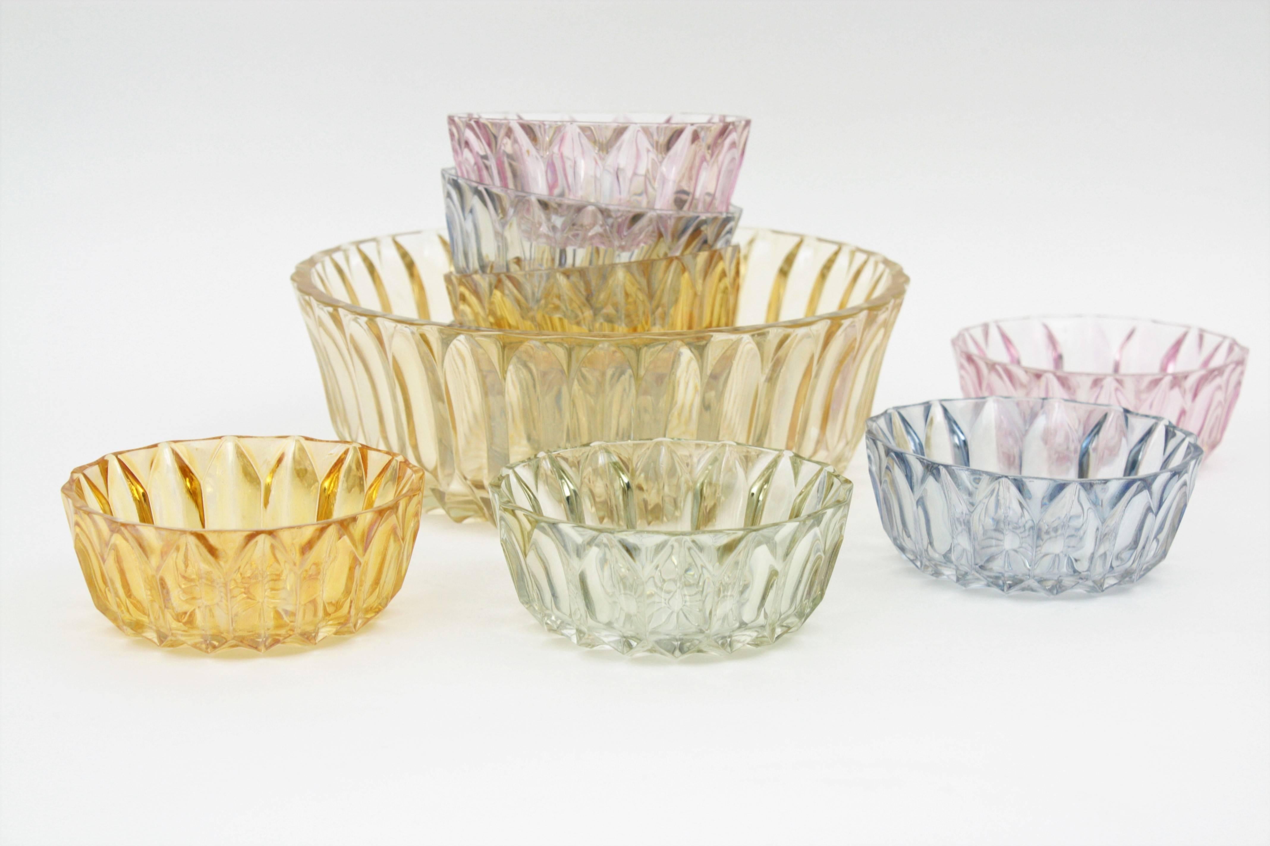 Spanish Mid-Century Modern Iridiscent Pattern Pressed Glass Pastel Colors Set of Bowls