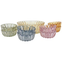 Vintage Mid-Century Modern Iridiscent Pattern Pressed Glass Pastel Colors Set of Bowls