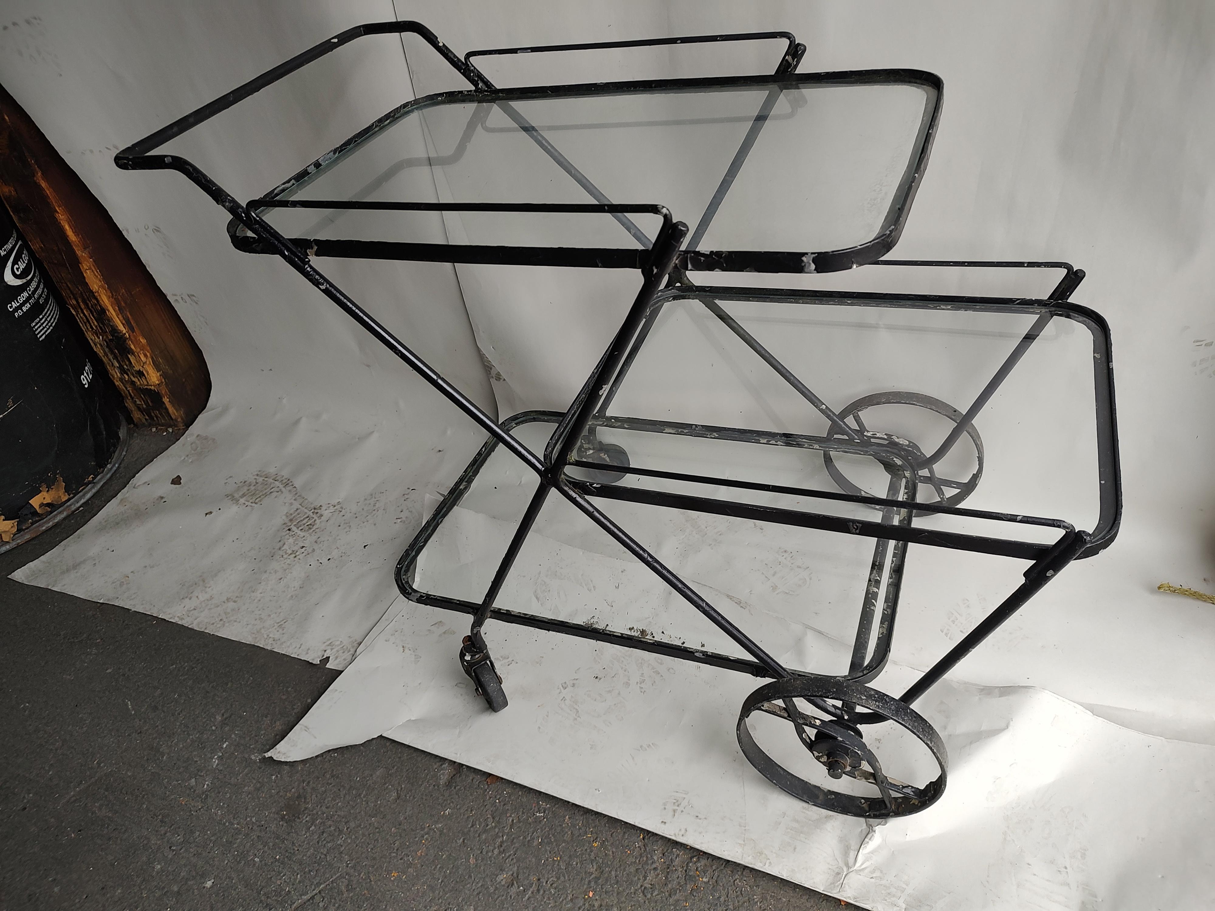 Mid-20th Century Mid-Century Modern Iron 3 Tiered Glass Outdoor Garden Bar Cart Server Salterini  For Sale