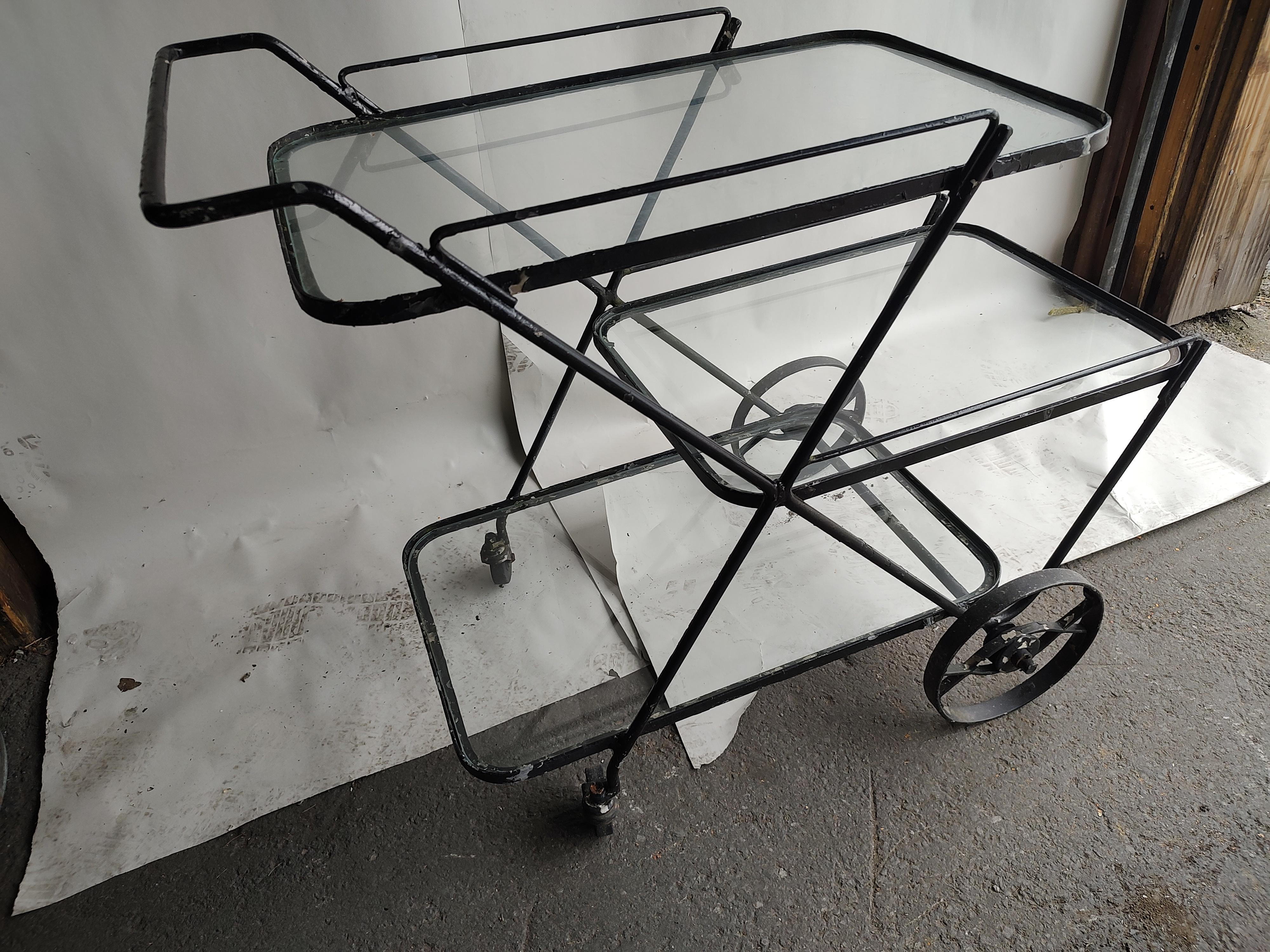 Mid-Century Modern Iron 3 Tiered Glass Outdoor Garden Bar Cart Server Salterini  For Sale 1