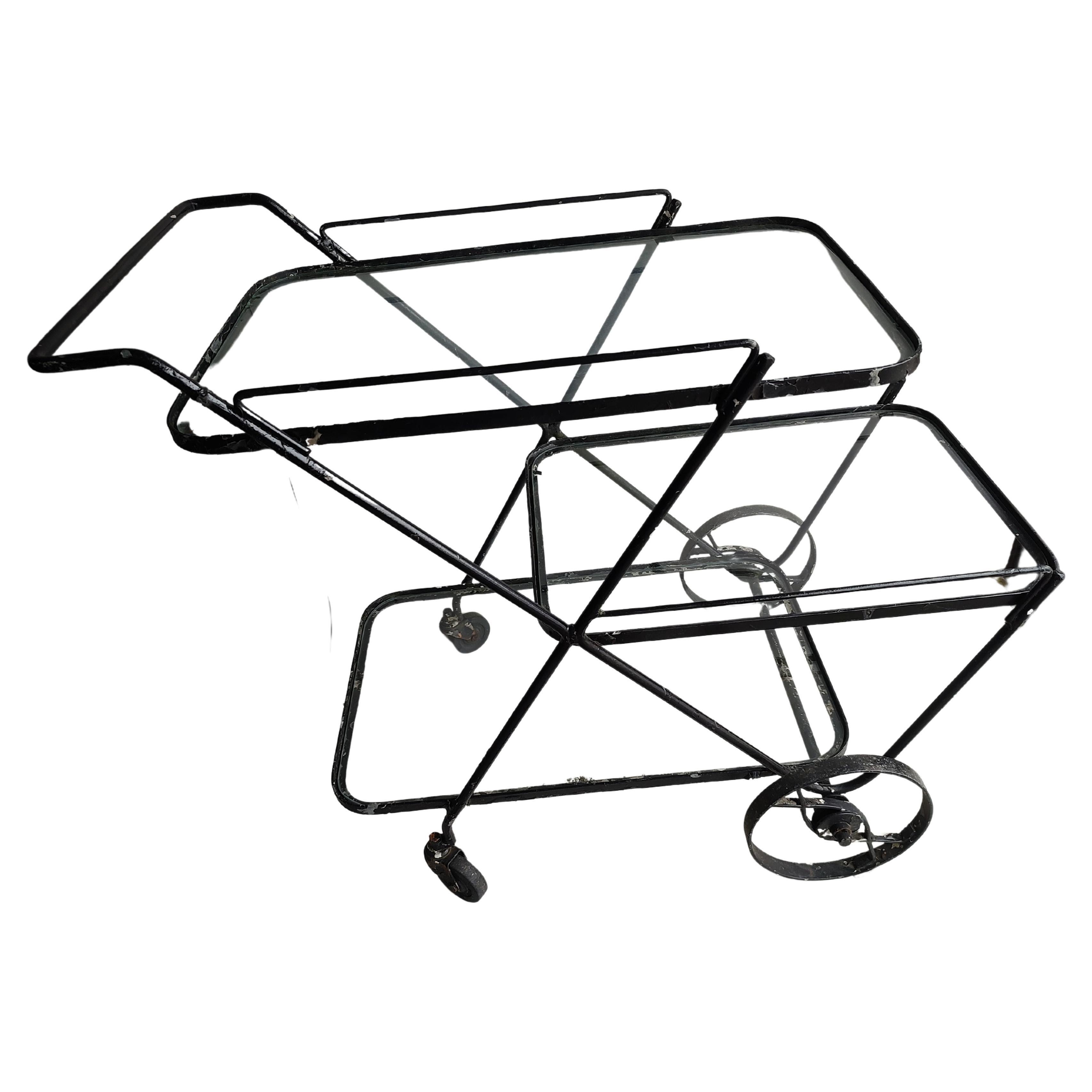 Mid-Century Modern Iron 3 Tiered Glass Outdoor Garden Bar Cart Server Salterini  In Good Condition For Sale In Port Jervis, NY