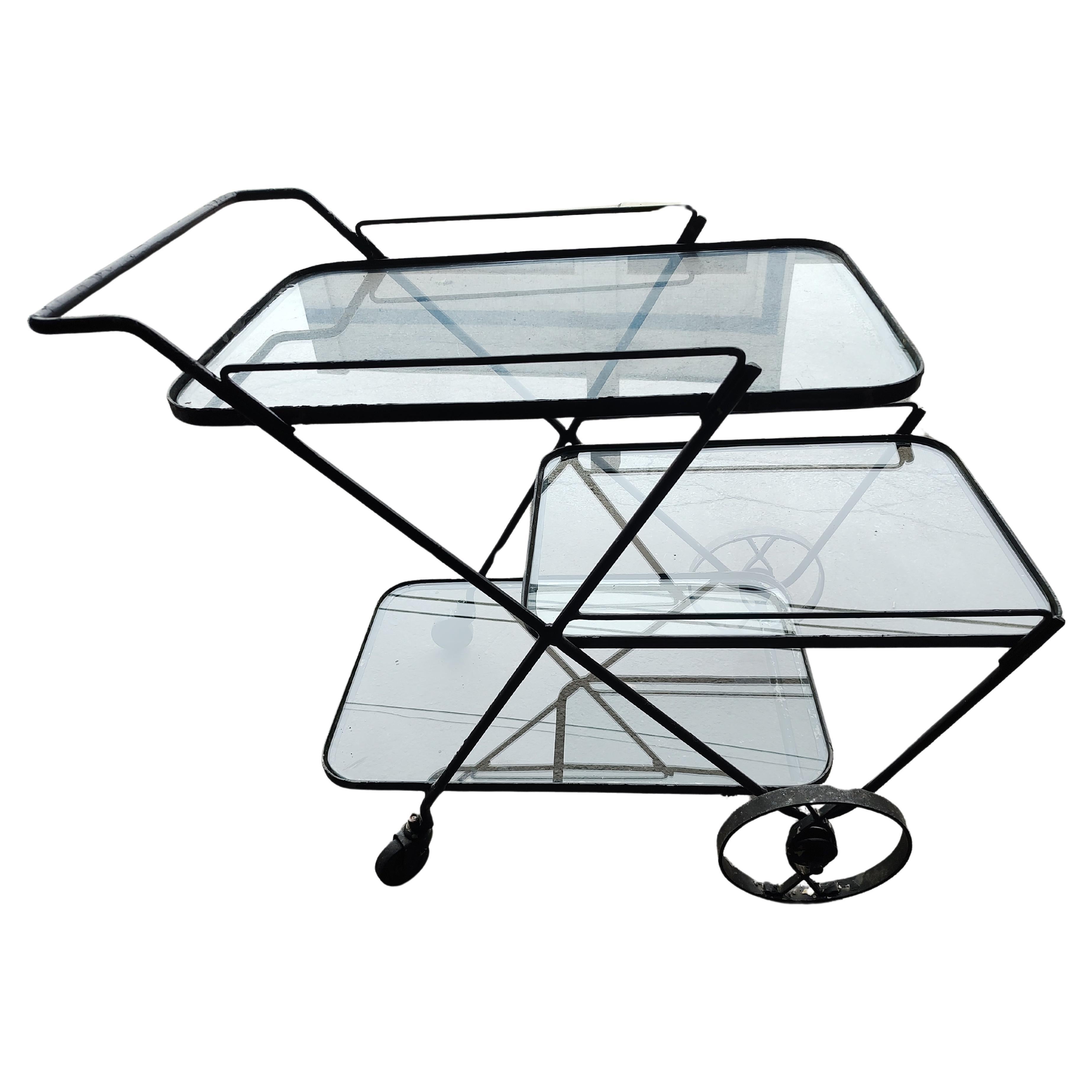 Mid-Century Modern Iron 3 Tiered Glass Outdoor Garden Bar Cart Server Salterini