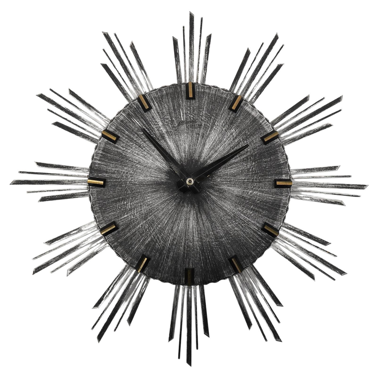 Mid-Century Modern Iron and Brass Sunburst Wall Clock by Atlanta Electric