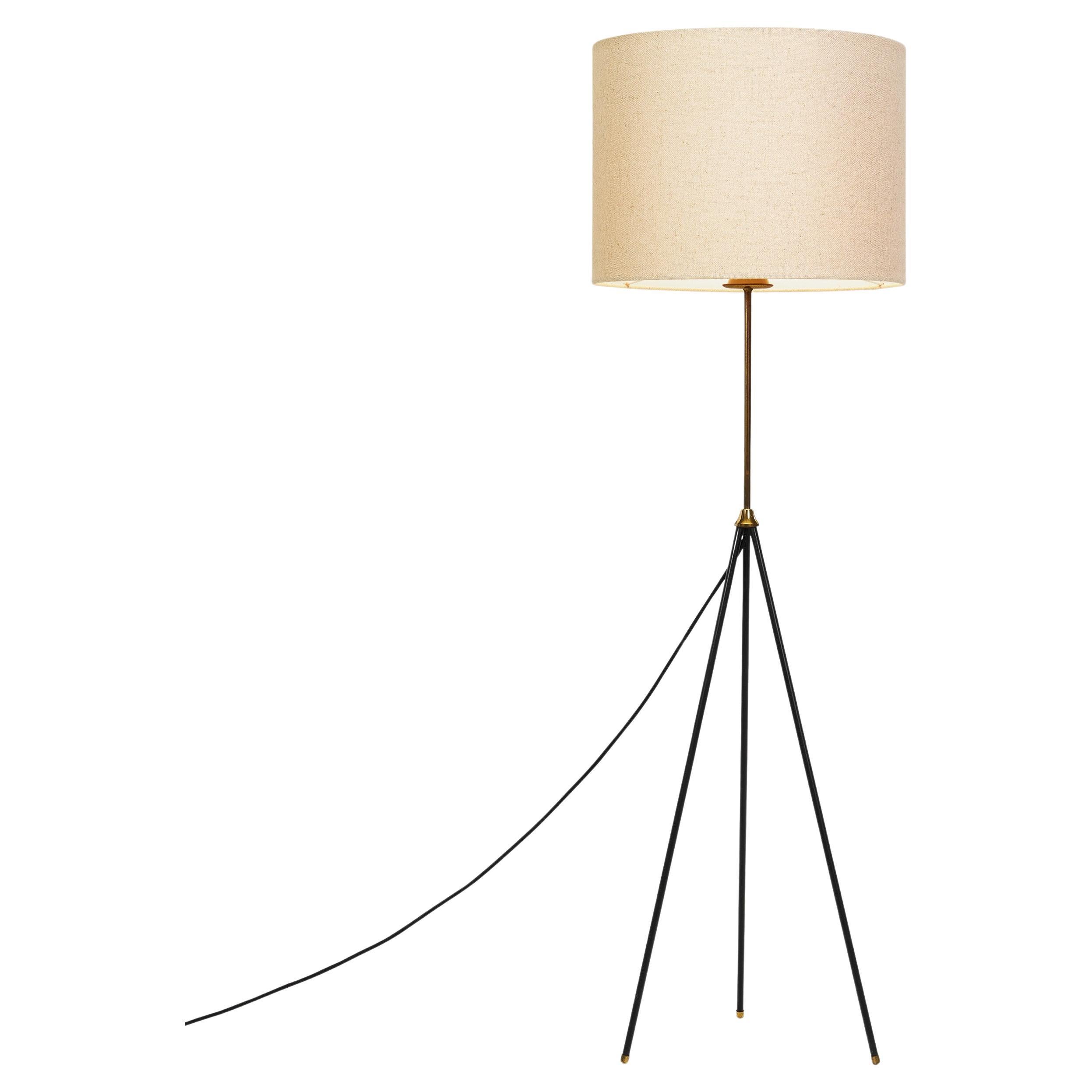 Mid-Century Modern Iron and Brass Tripod Floor Lamp, Europe 1950s For Sale