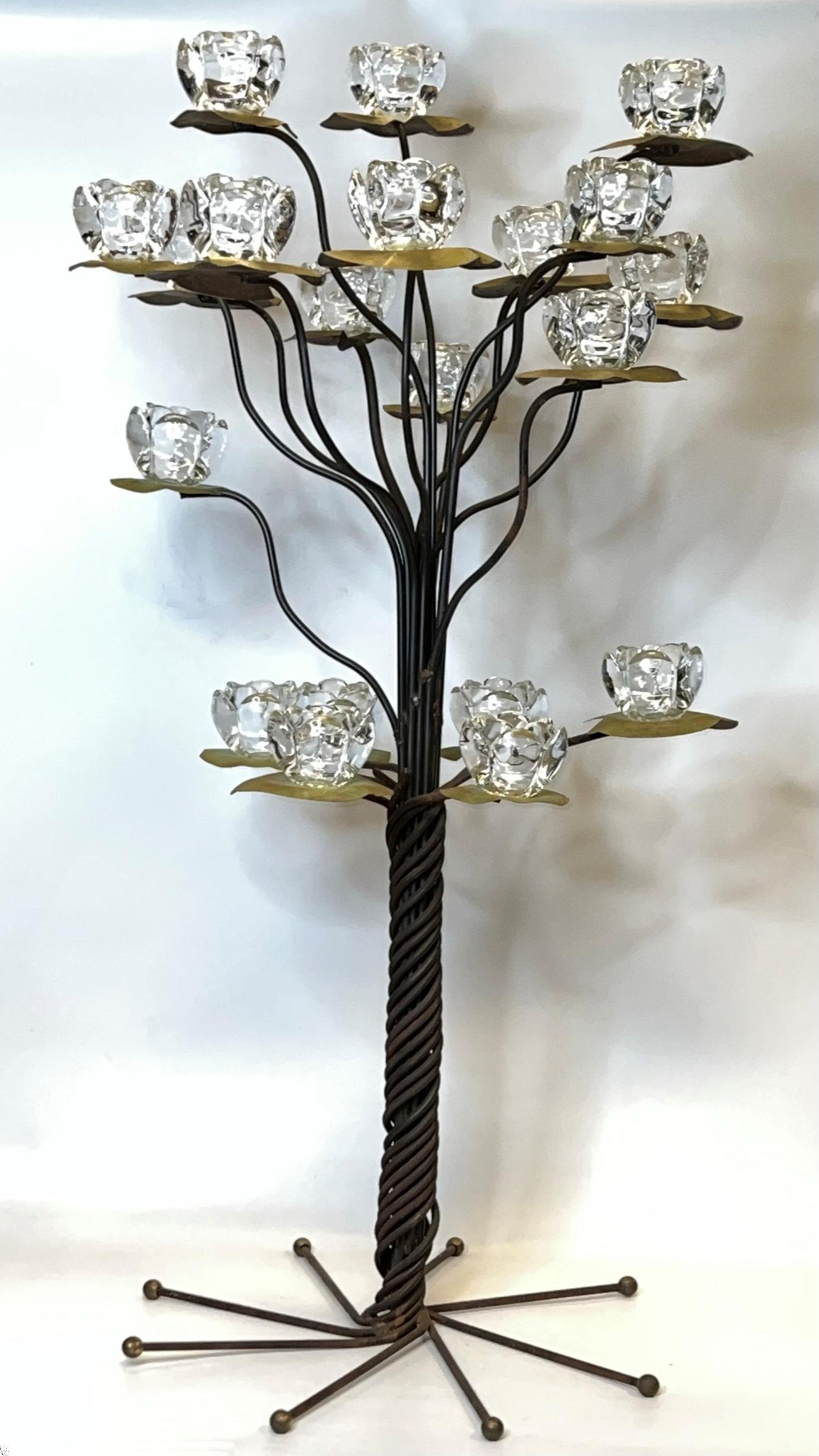 Mid-Century Modern Iron and Copper Floor Candelabra with Crystal Candle Holders For Sale 5