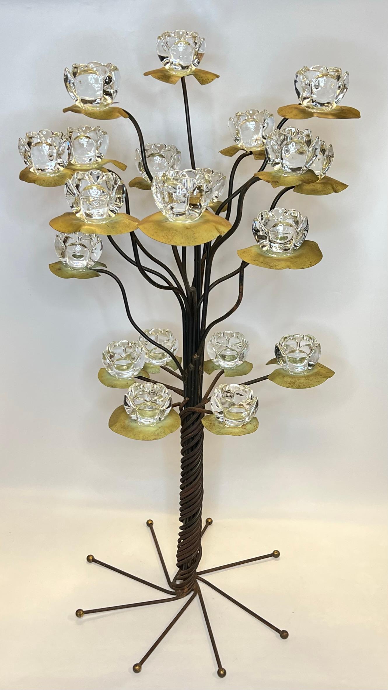 Mid-Century Modern Iron and Copper Floor Candelabra with Crystal Candle Holders For Sale 4