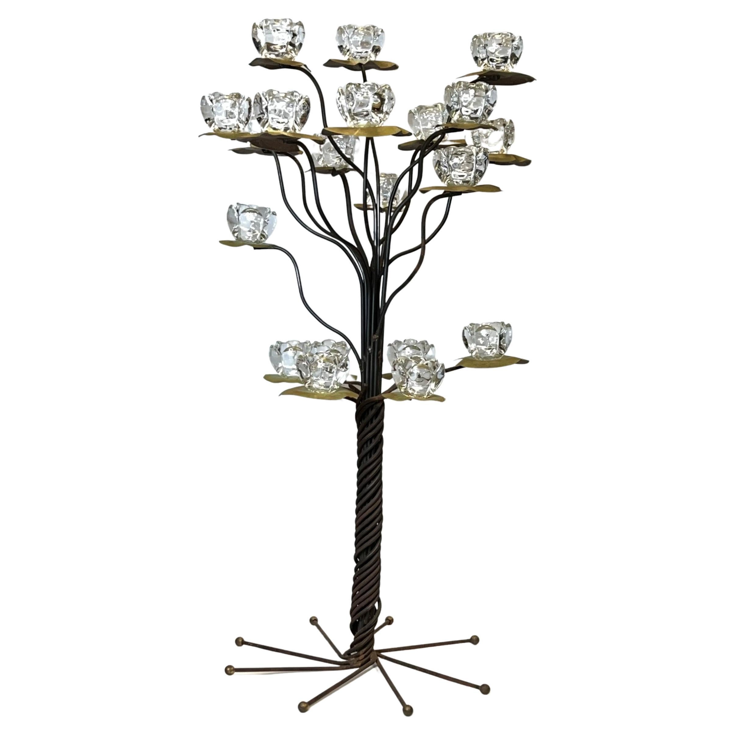 Mid-Century Modern Iron and Copper Floor Candelabra with Crystal Candle Holders For Sale