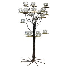 Mid-Century Modern Iron and Copper Floor Candelabra with Crystal Candle Holders