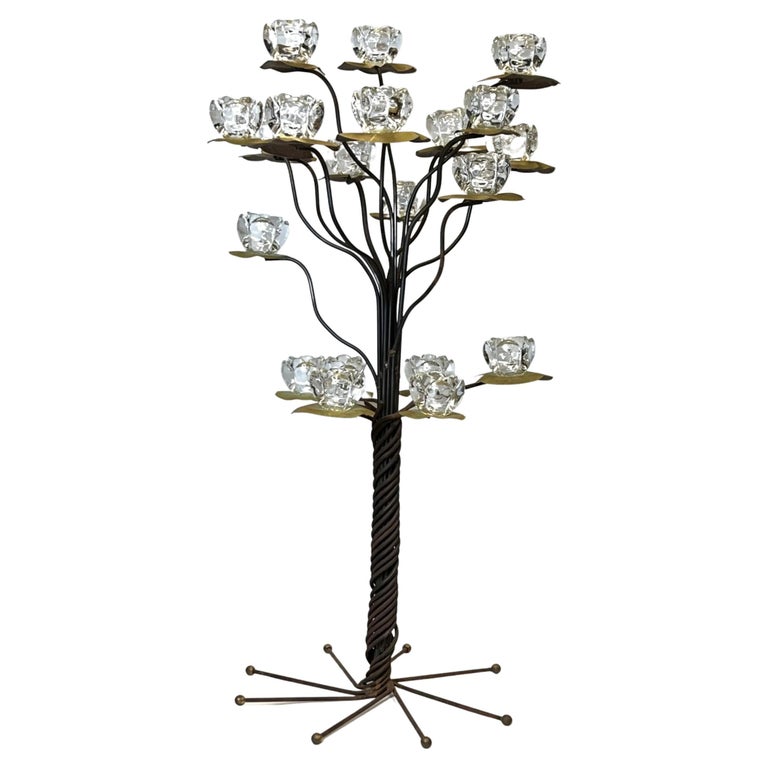 MidCentury Modern Iron and Copper Floor Candelabra with Crystal Candle Holders For Sale at 1stDibs
