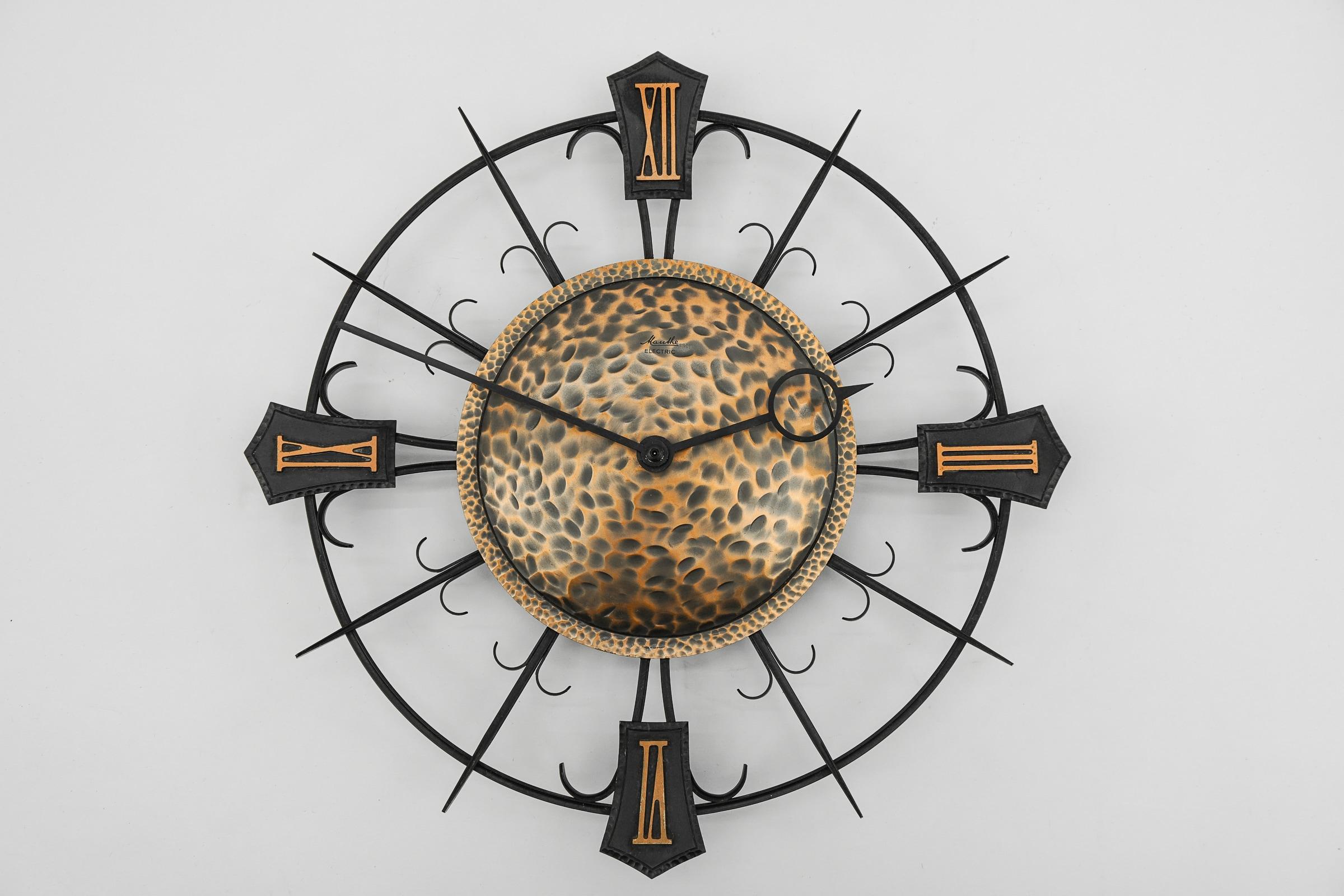 Metal Mid-Century Modern Iron and Copper Wall Clock by Mauthe Electric, 1960s For Sale