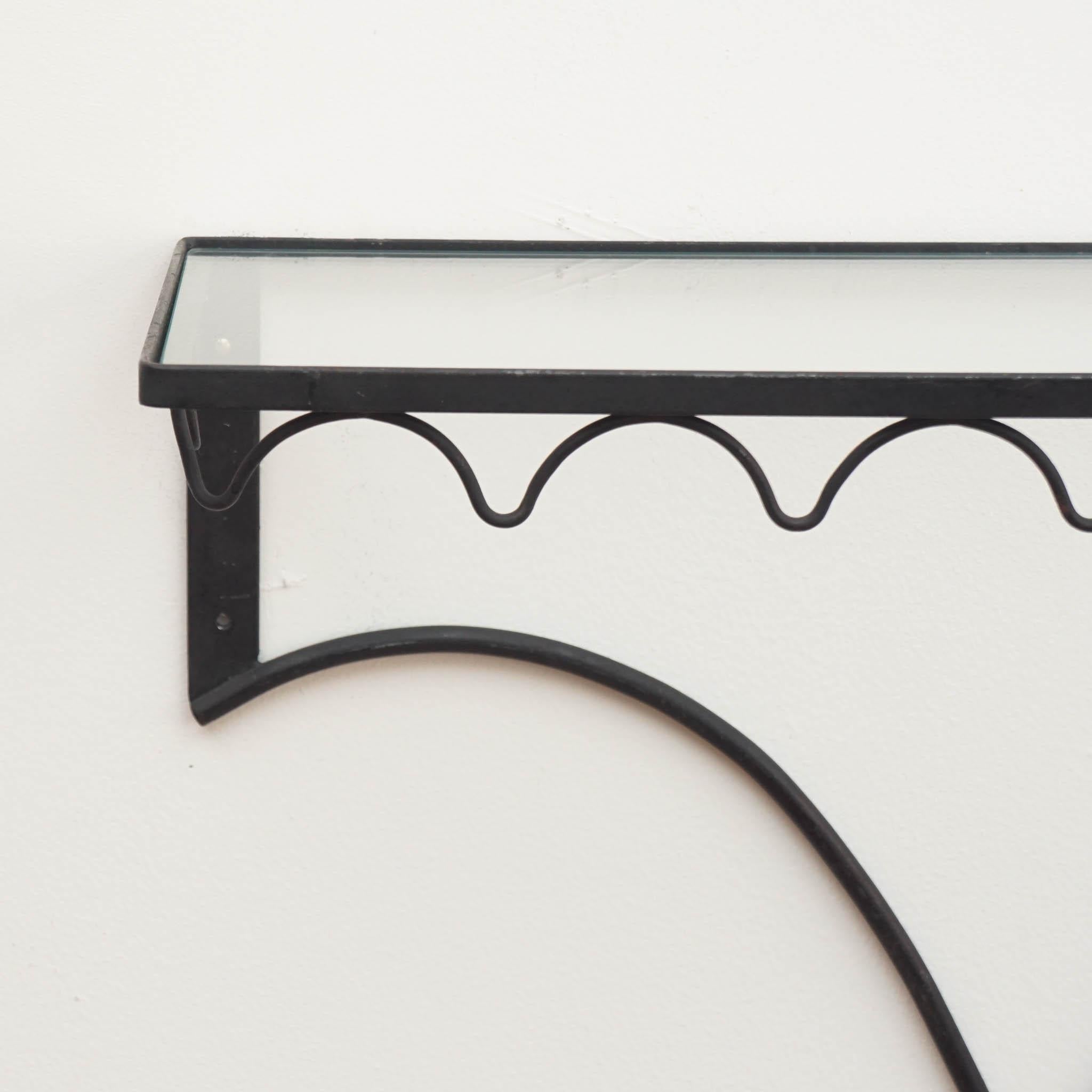 Hand-Crafted Mid Century modern iron and glass hanging shelves For Sale