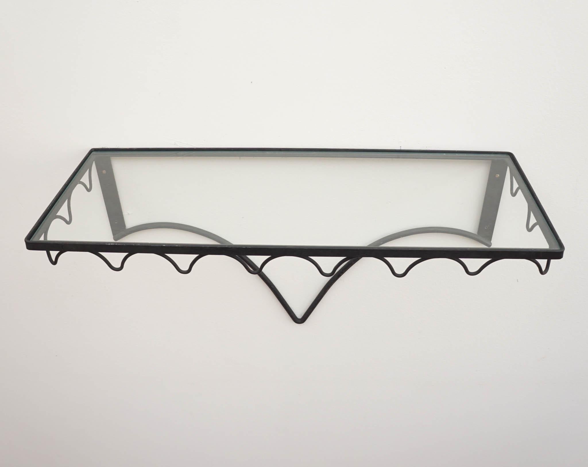 Glass Mid Century modern iron and glass hanging shelves For Sale