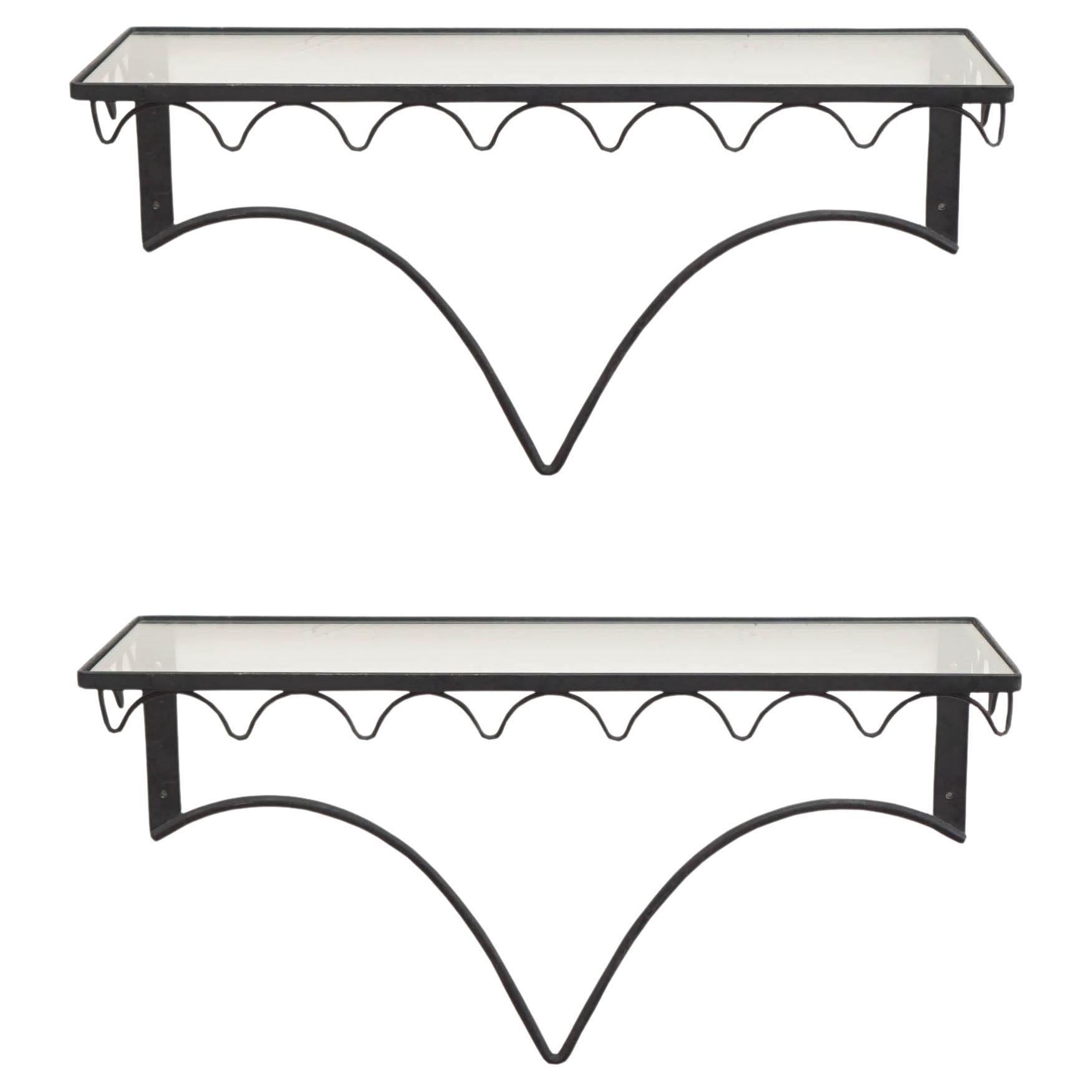 Mid Century modern iron and glass hanging shelves For Sale