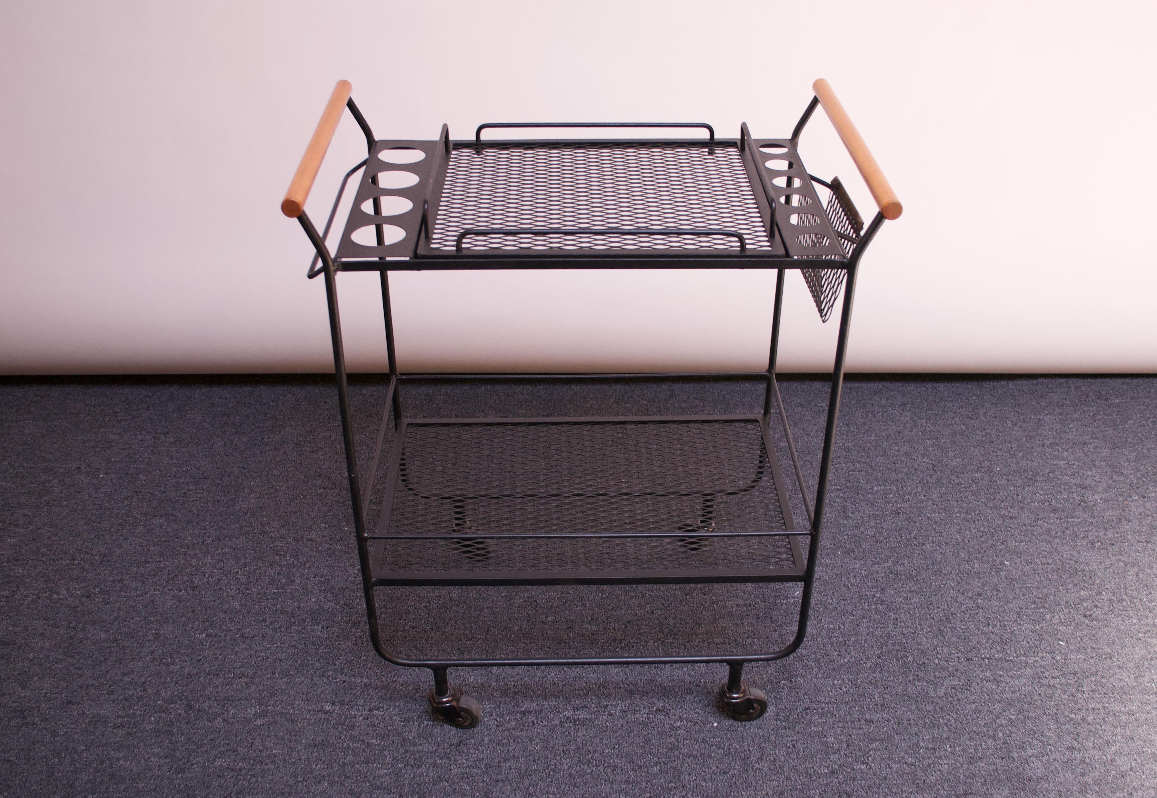 American Mid-Century Modern Iron and Maple Bar Cart / Tea Trolley For Sale