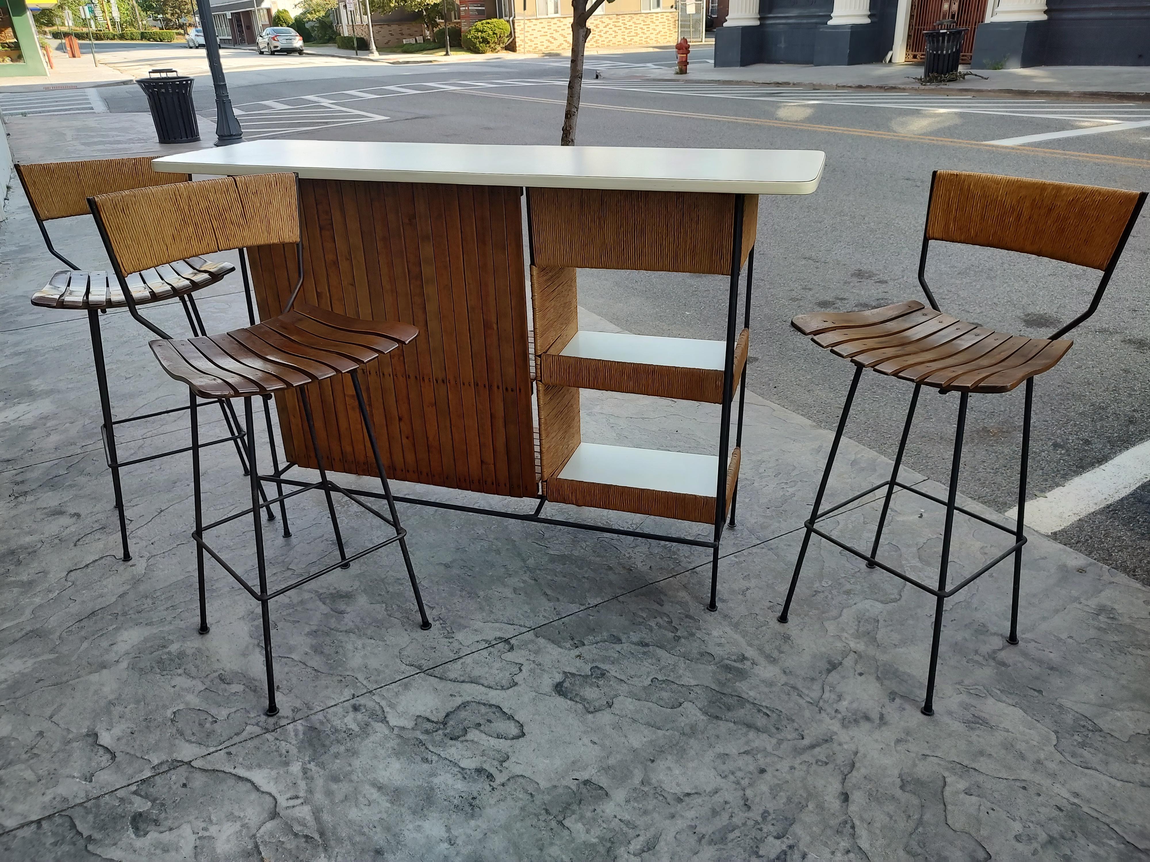 Mid Century Modern Iron Bar with Raffia and 3 Stools by Arthur Umanoff  For Sale 10